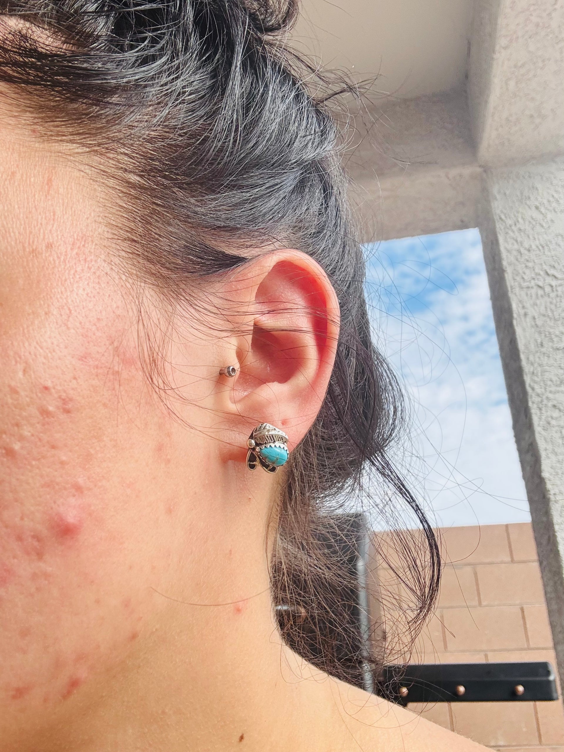 Navajo Made Kingman Turquoise & Sterling Silver Post Earrings