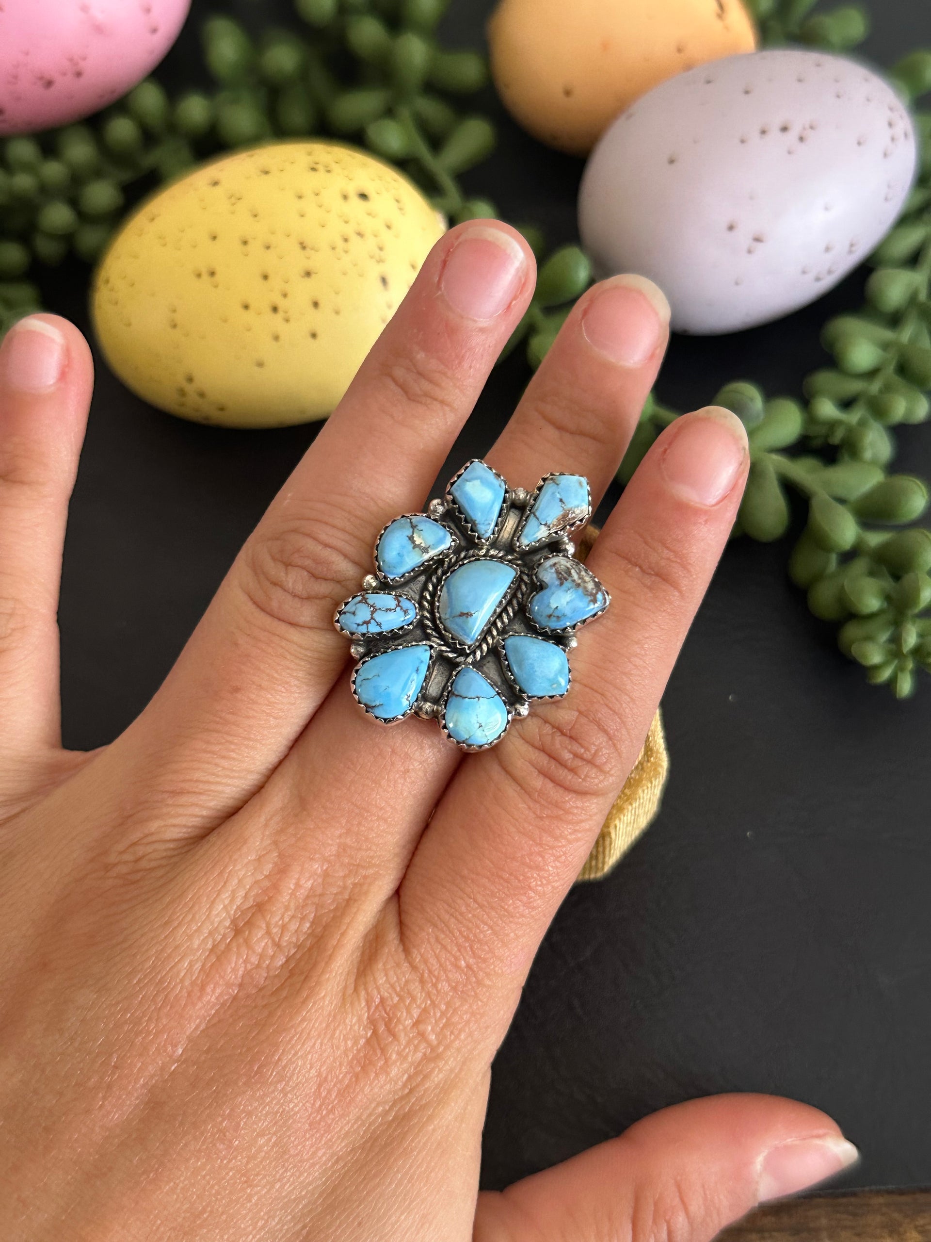 Southwest Handmade Golden Hills Turquoise & Sterling Silver Adjustable Cluster Ring