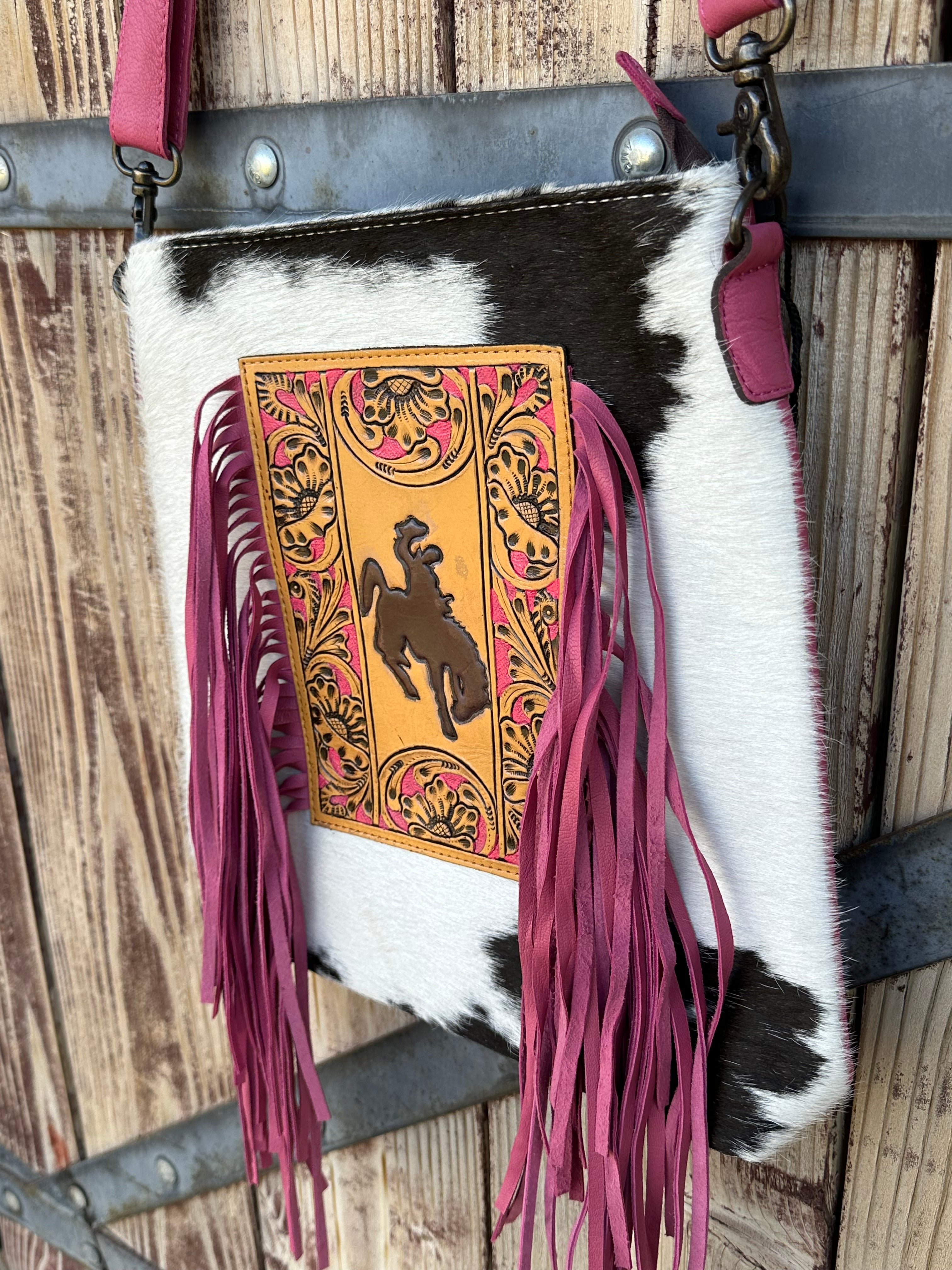 Genuine Tooled Leather & Cowhide Fringe Purse