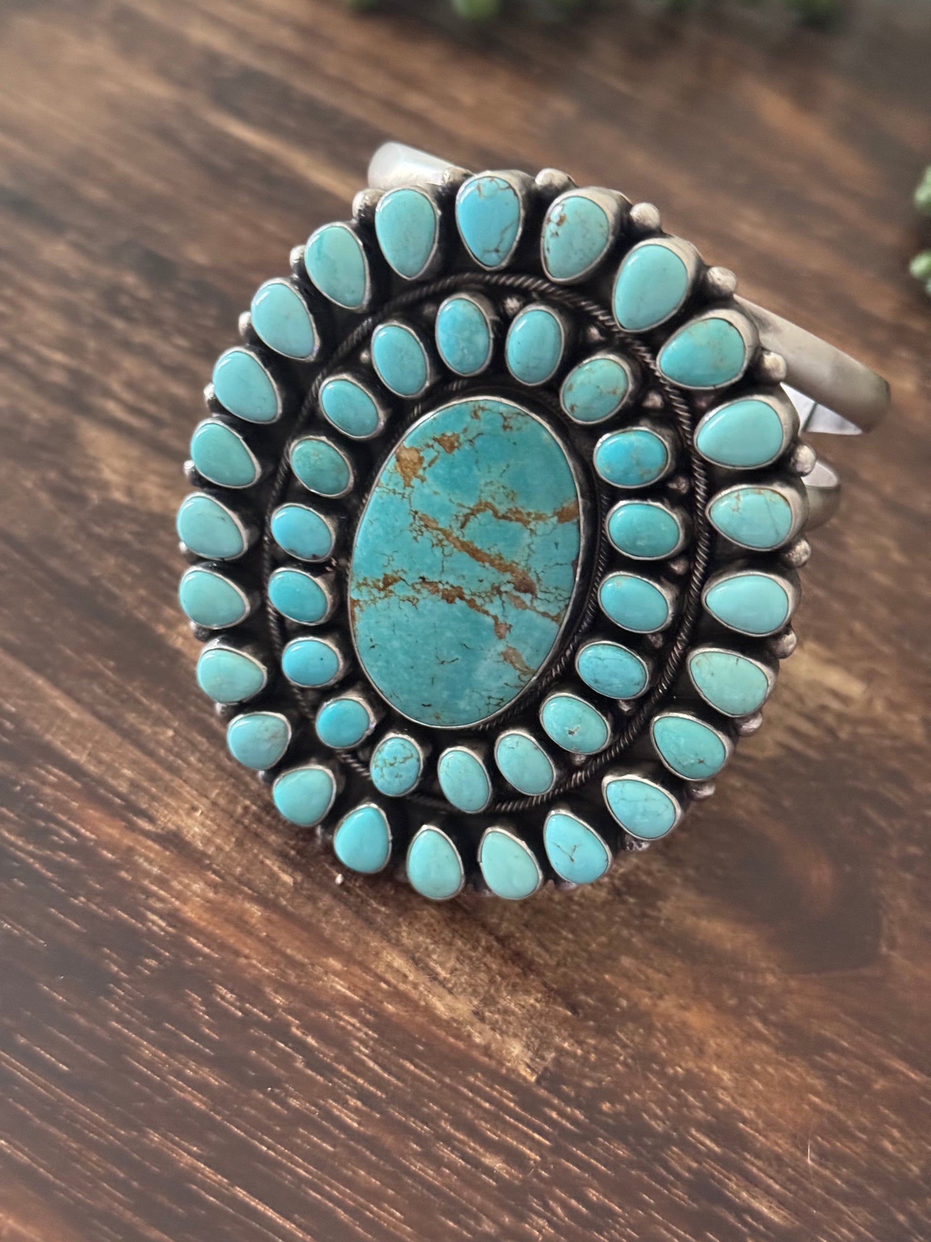 Navajo Made #8 Turquoise & Sterling Silver cluster Cuff Bracelet
