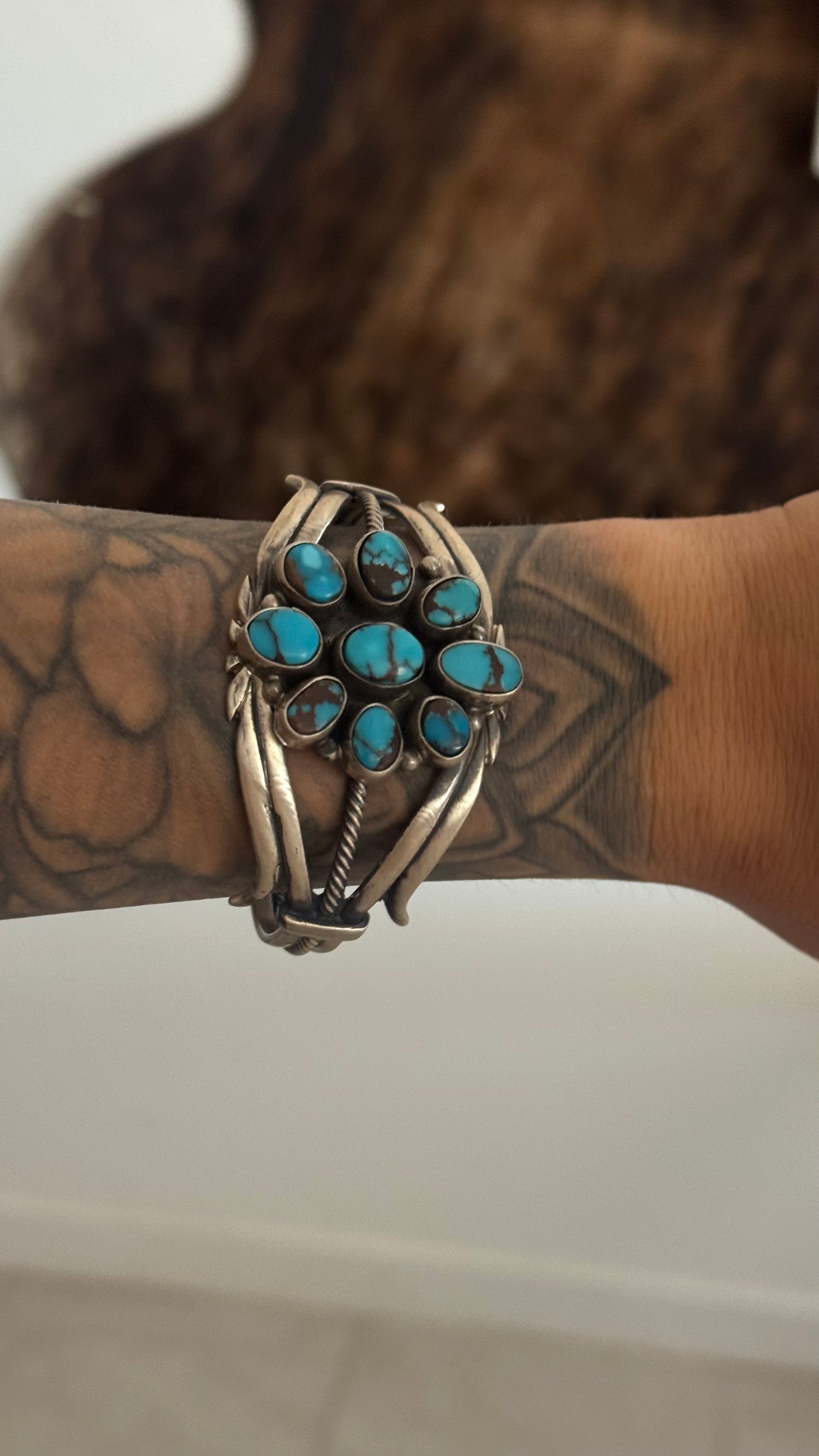 Mark Yazzie Egyptian Turquoise & Sterling Silver Cluster Cuff Bracelet