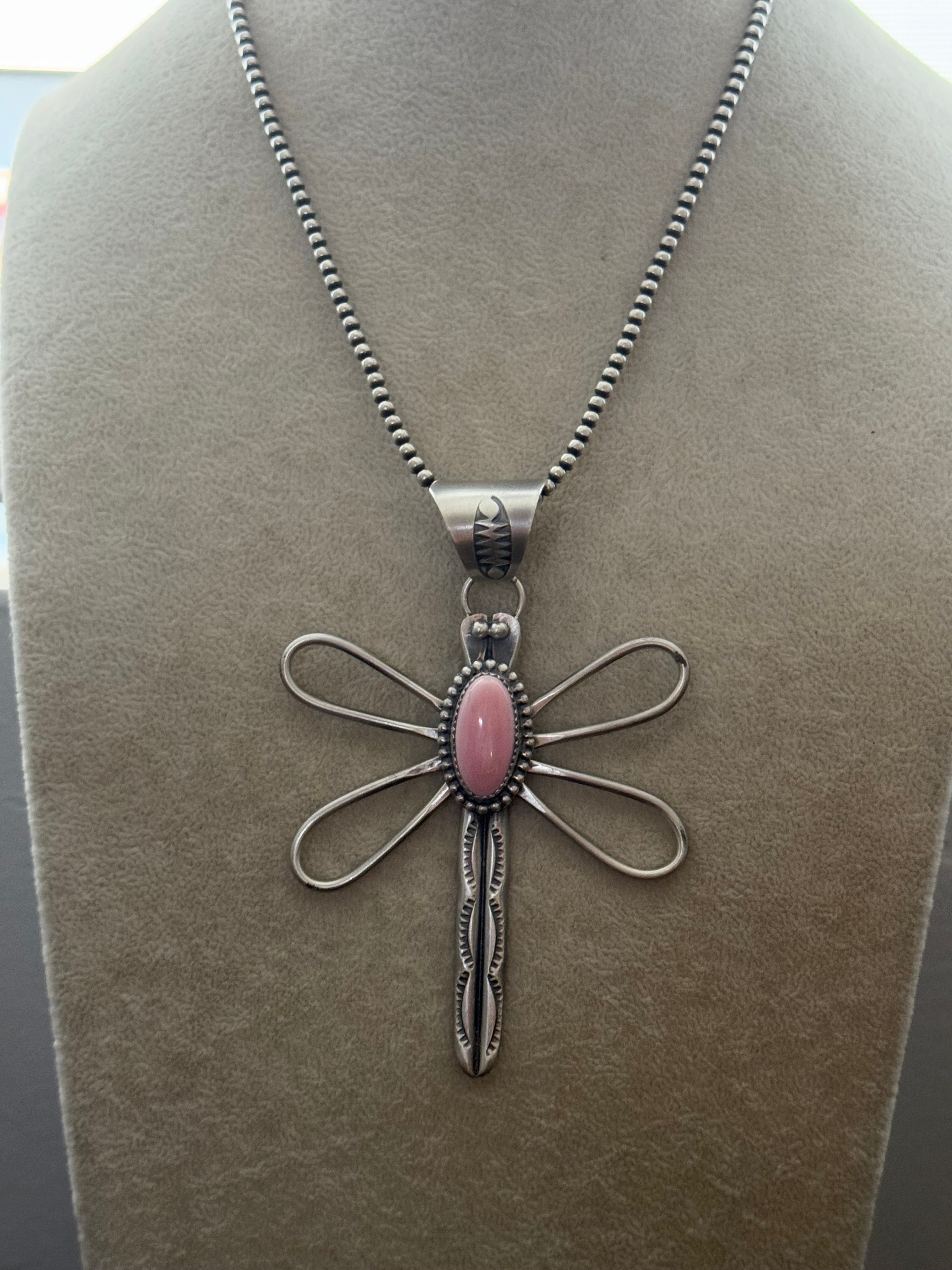 Delbert Secatero Pink Conch & Sterling Silver Dragonfly Pendant