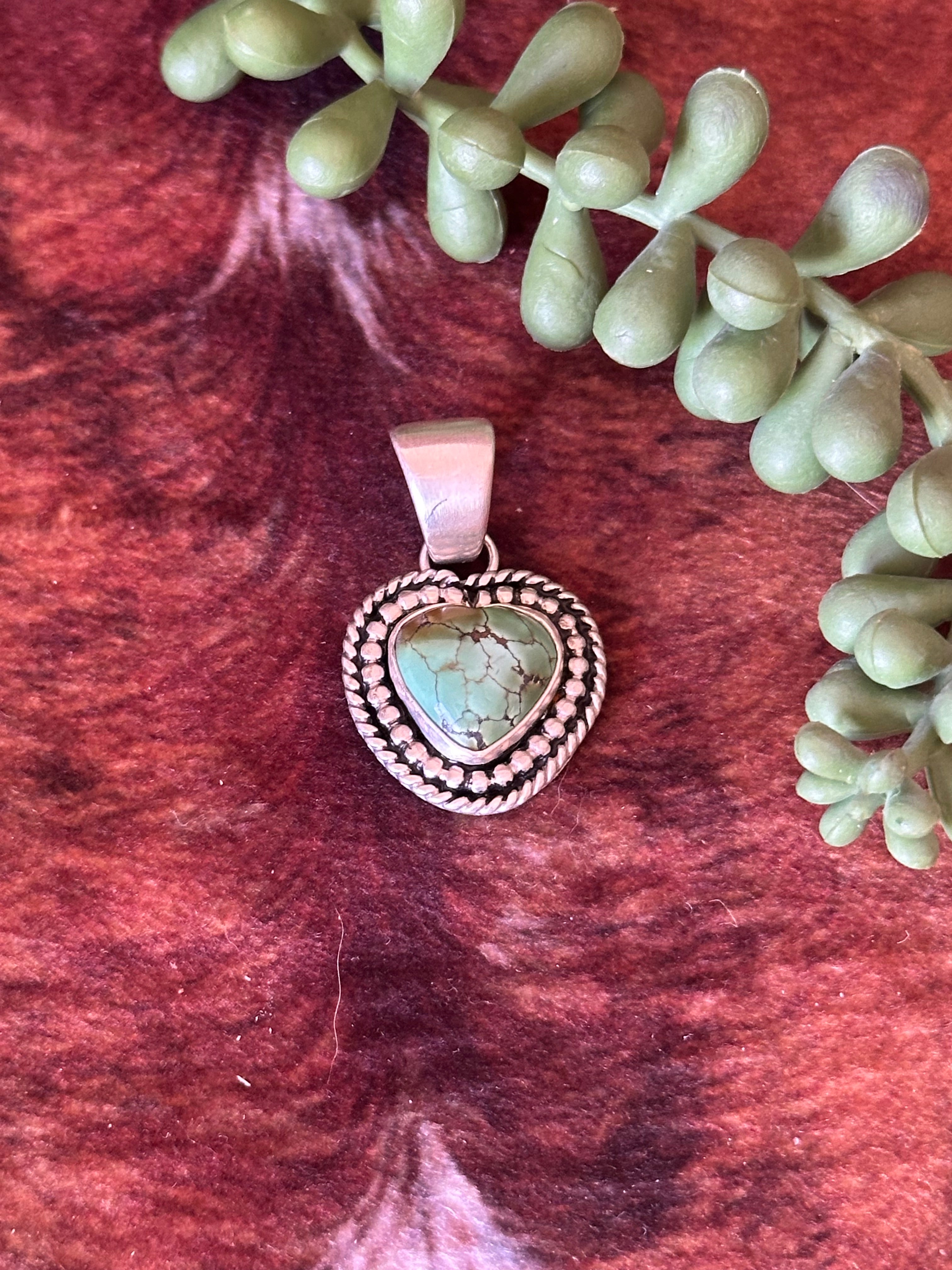 Navajo Handmade Hubei Turquoise & Sterling Silver Heart Pendant