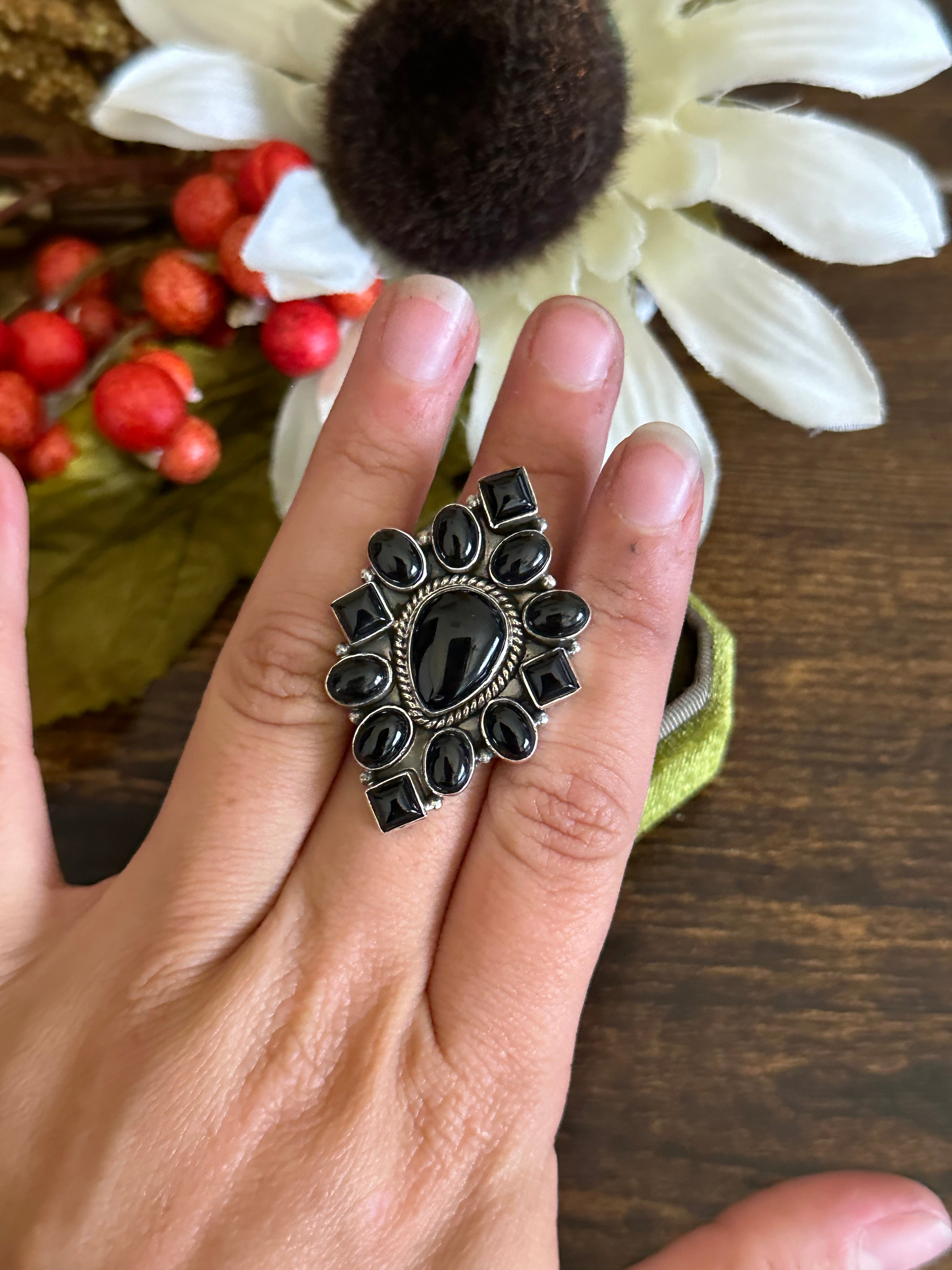 Southwest Handmade Onyx & Sterling Silver Adjustable Ring