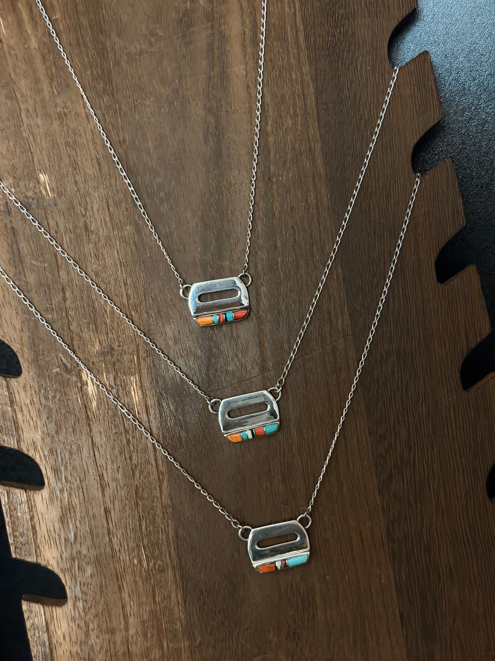 Navajo Made Multi Stone & Sterling Silver Inlay Bar Necklace