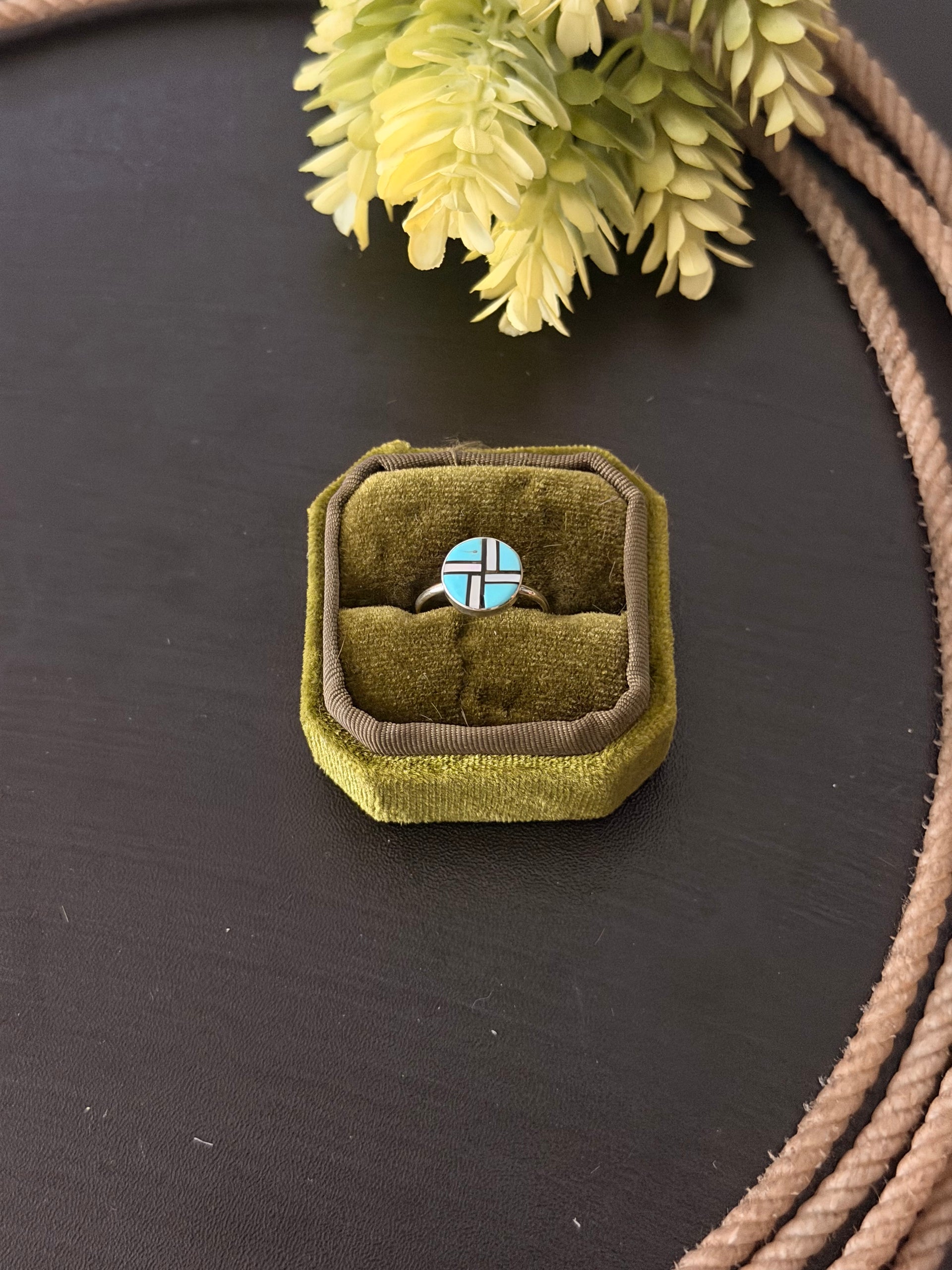 Zuni Made Multi Stone & Sterling Silver Inlay Ring Size 6