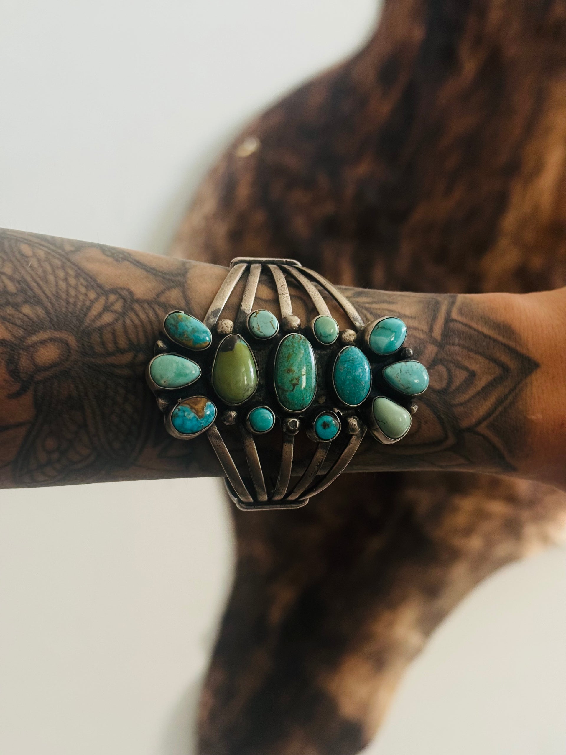 Mark Yazzie Mixed Turquoise & Sterling Silver Cluster Cuff Bracelet