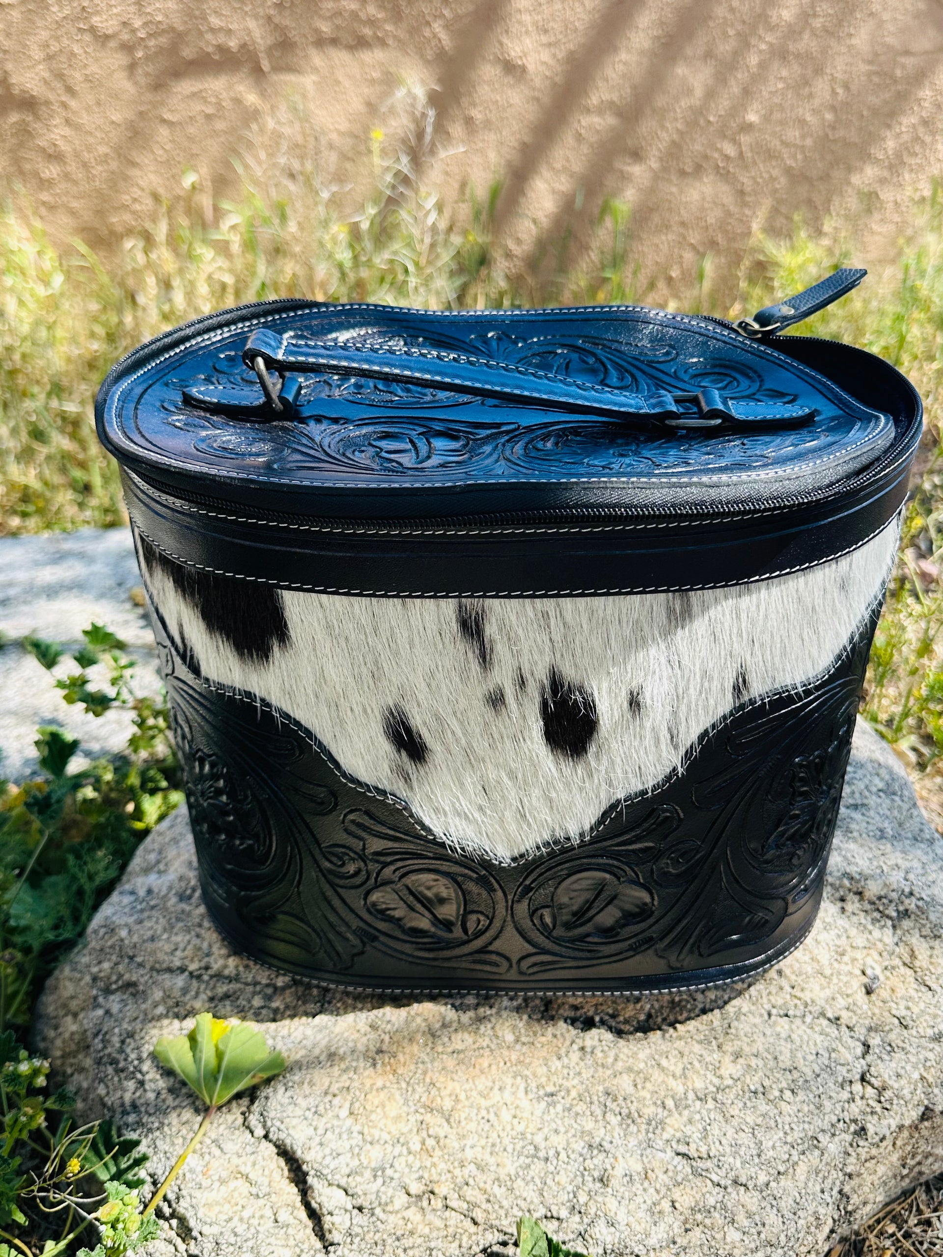 Genuine Cowhide & Tooled Leather Make up Bag