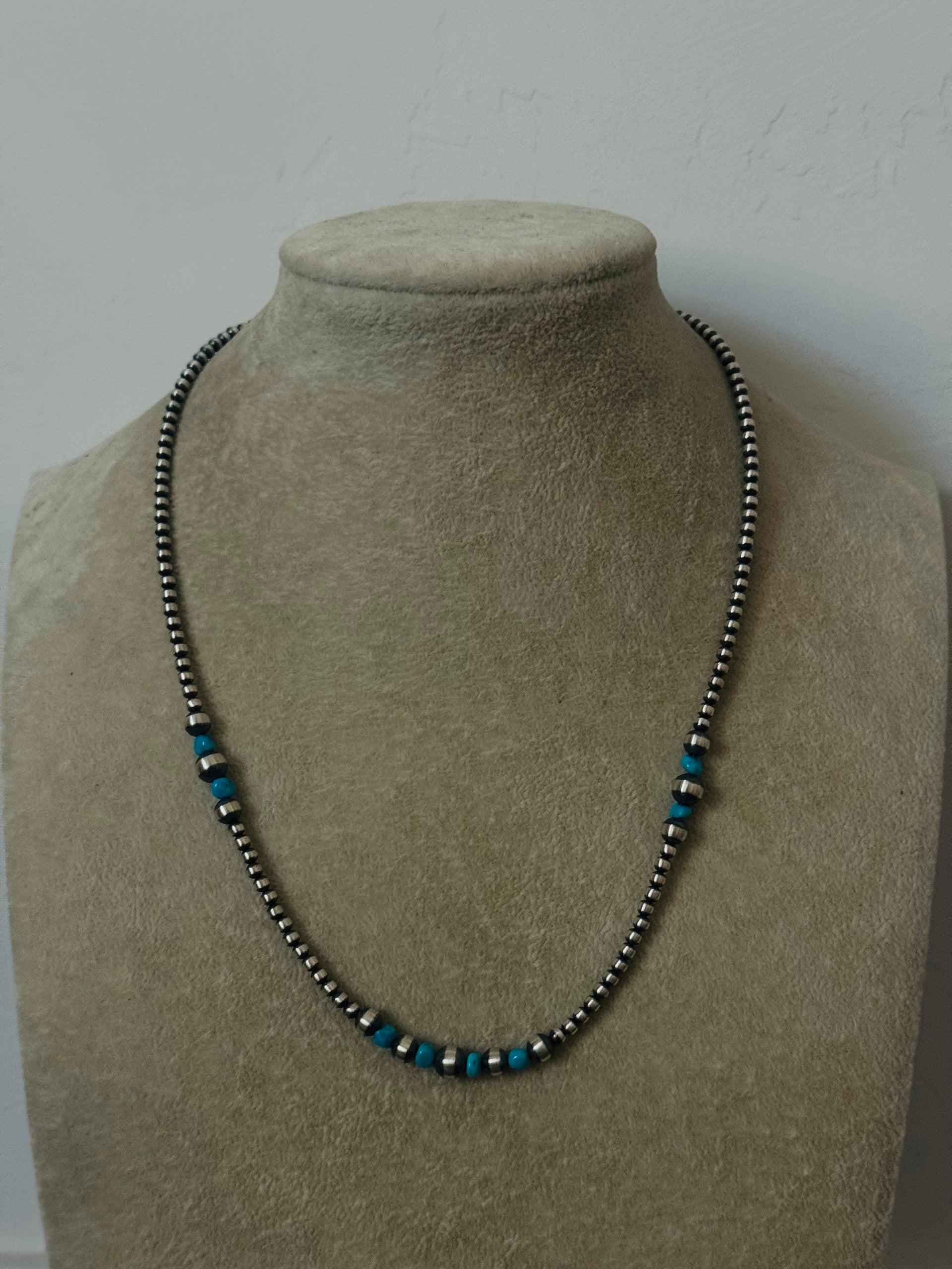 Navajo Strung Kingman Turquoise & Sterling Silver Graduated Beaded Pearl Necklace