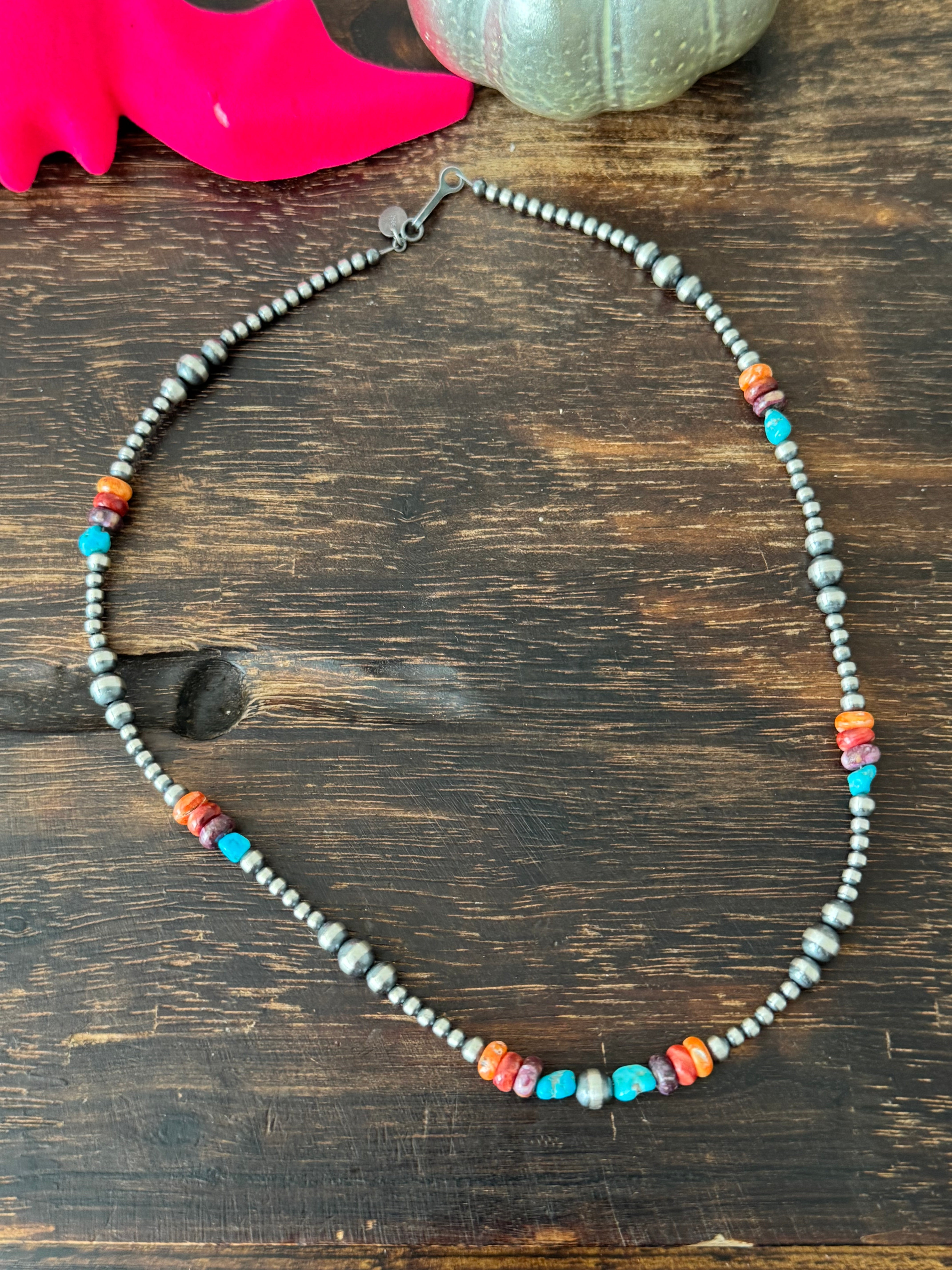 Navajo Strung Multi Stone & Sterling Silver Graduated Pearl Necklace