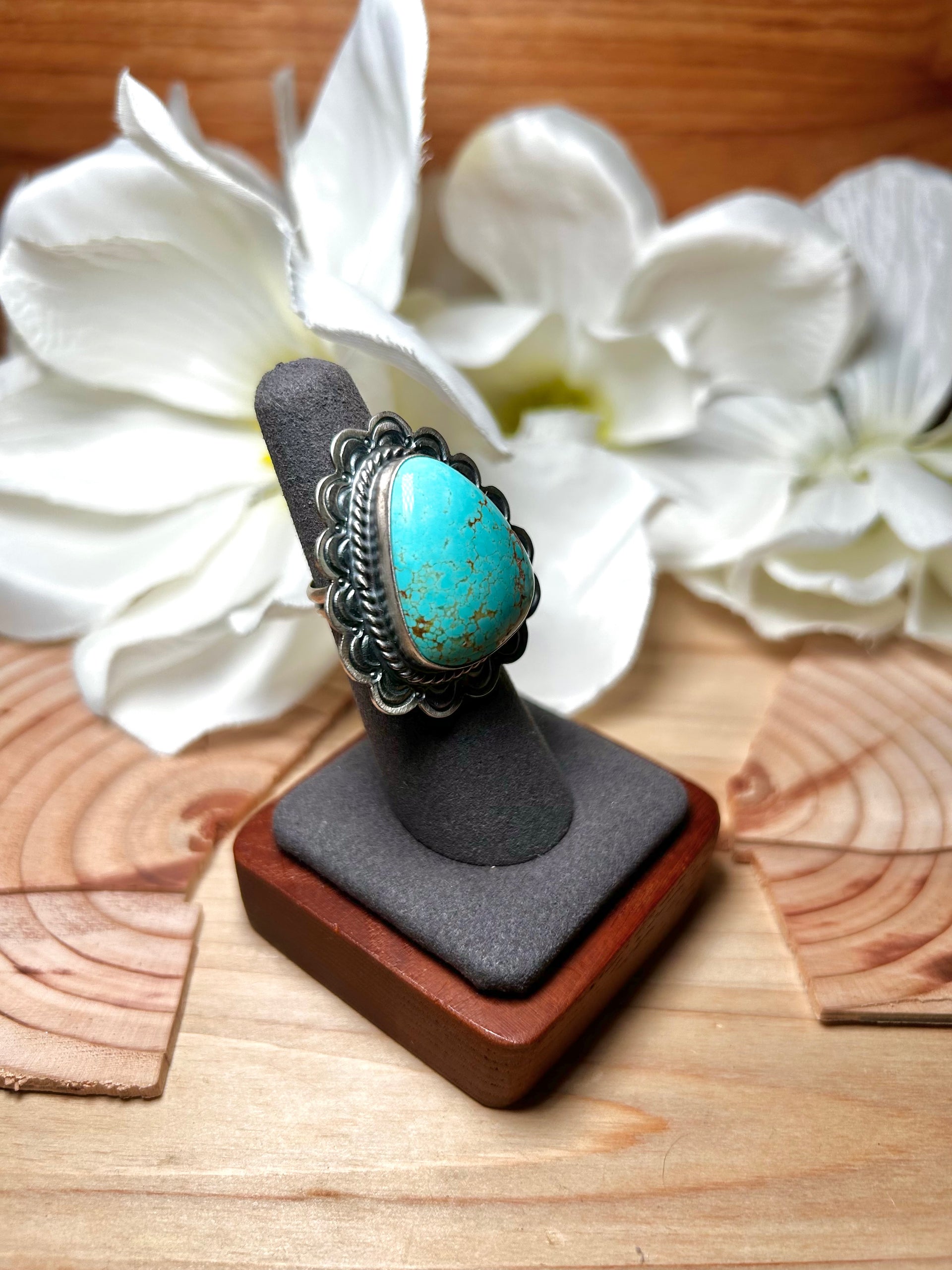 Navajo Made #8 Turquoise & Sterling Silver Ring Size 5.75