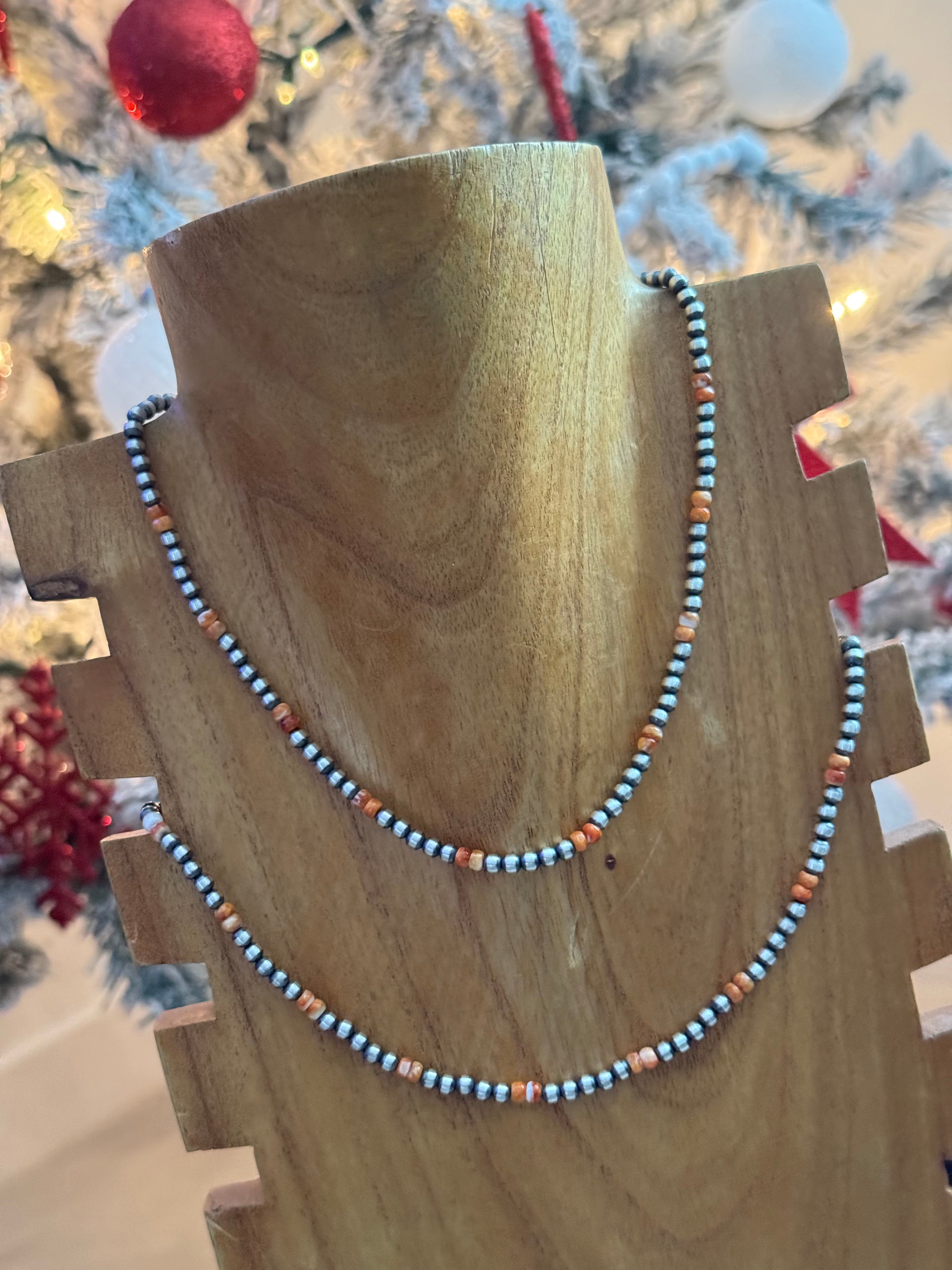 Navajo Strung Red/Orange Spiny Oyster & Sterling Silver Pearl Necklace