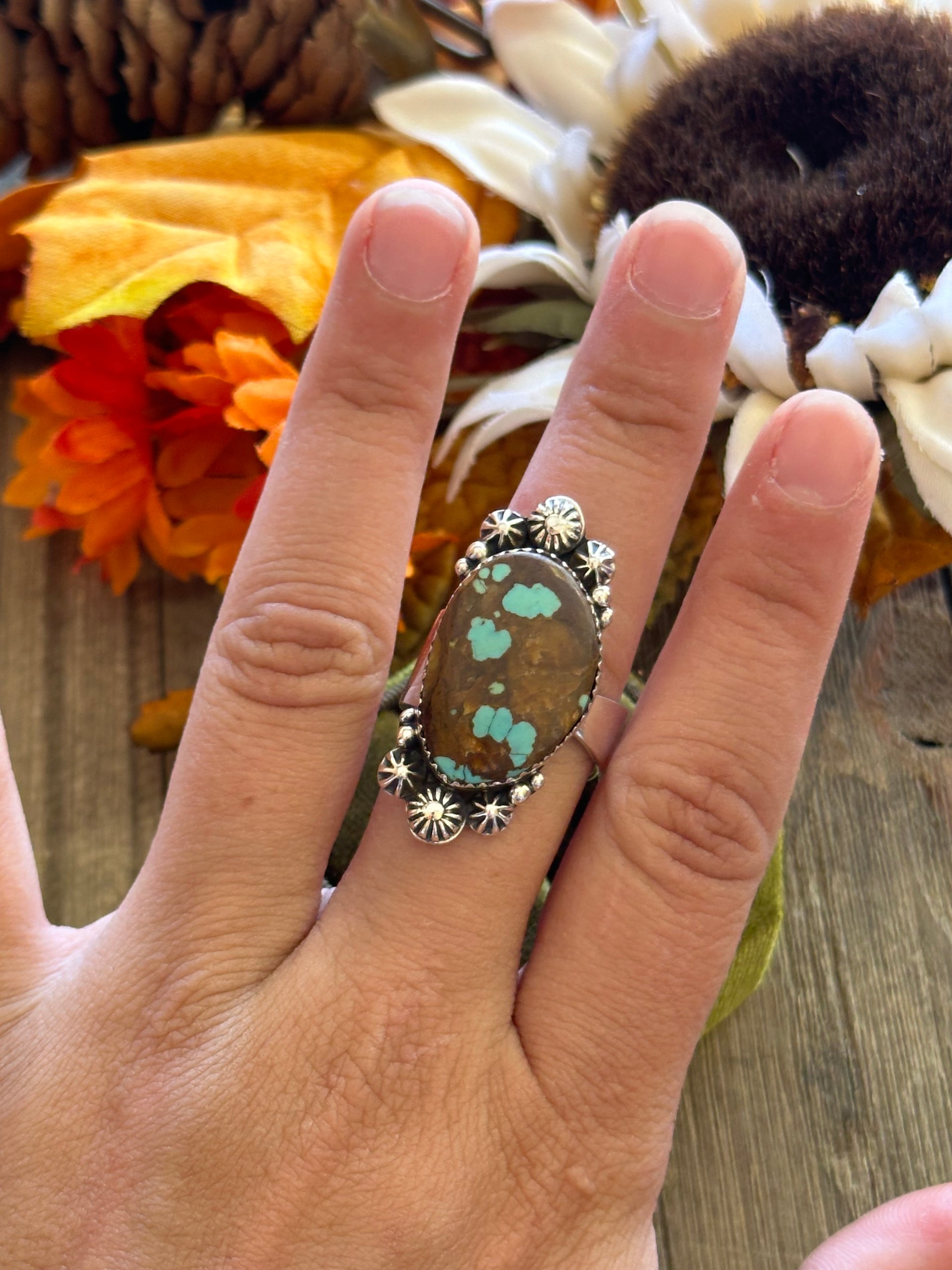 Southwest Handmade #8 Turquoise & Sterling Silver Adjustable Ring