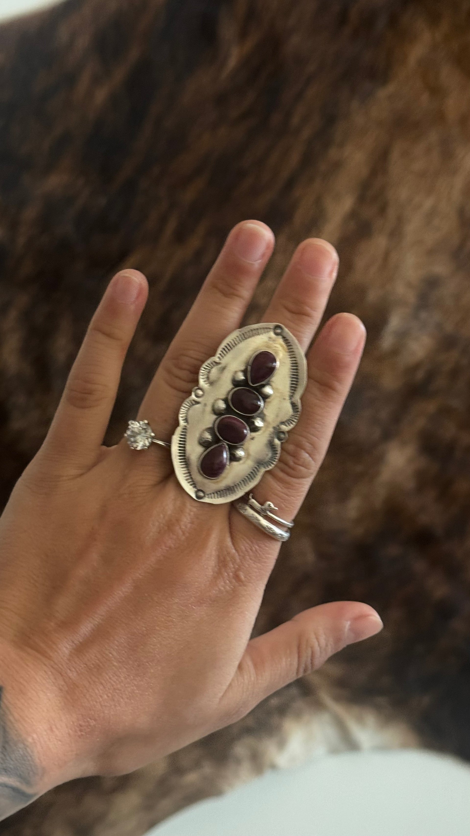 Navajo Made Purple Spiny Oyster & Sterling Silver Adjustable Ring