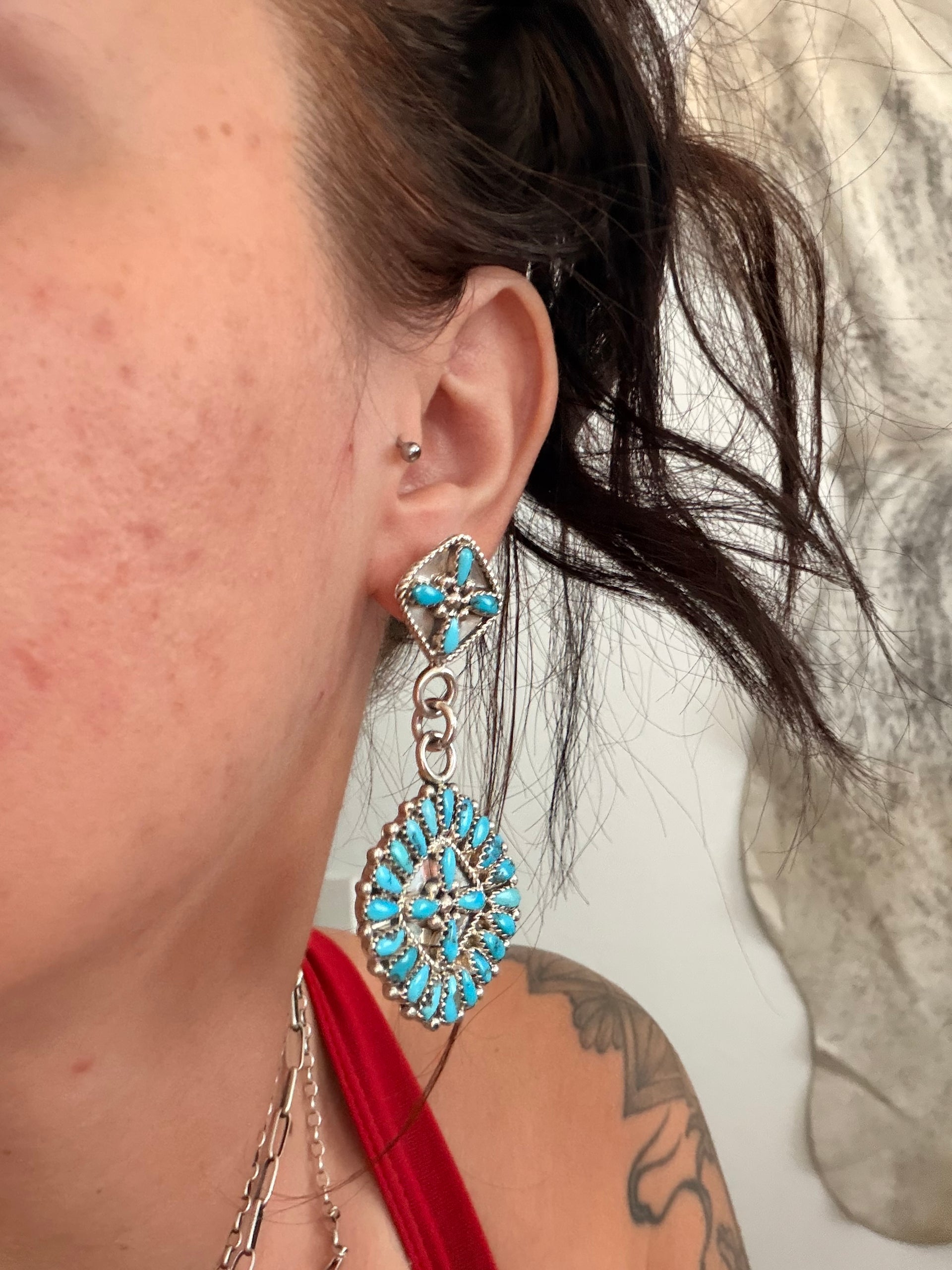 Zuni Made Sleeping Beauty Turquoise & Sterling Silver Post Dangle Cluster Earrings