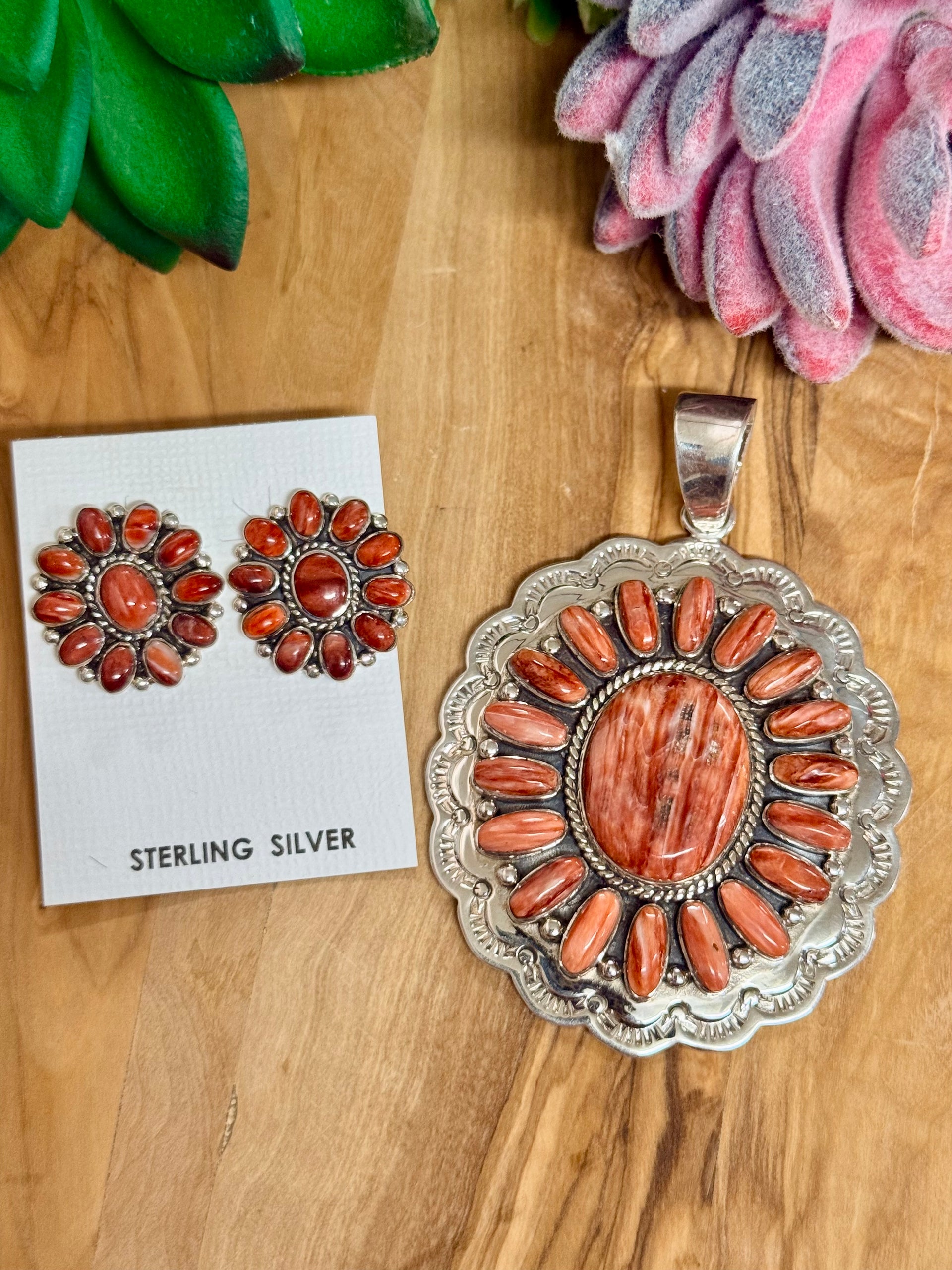 Southwest Handmade Red Spiny Oyster & Sterling Silver Pendant Set