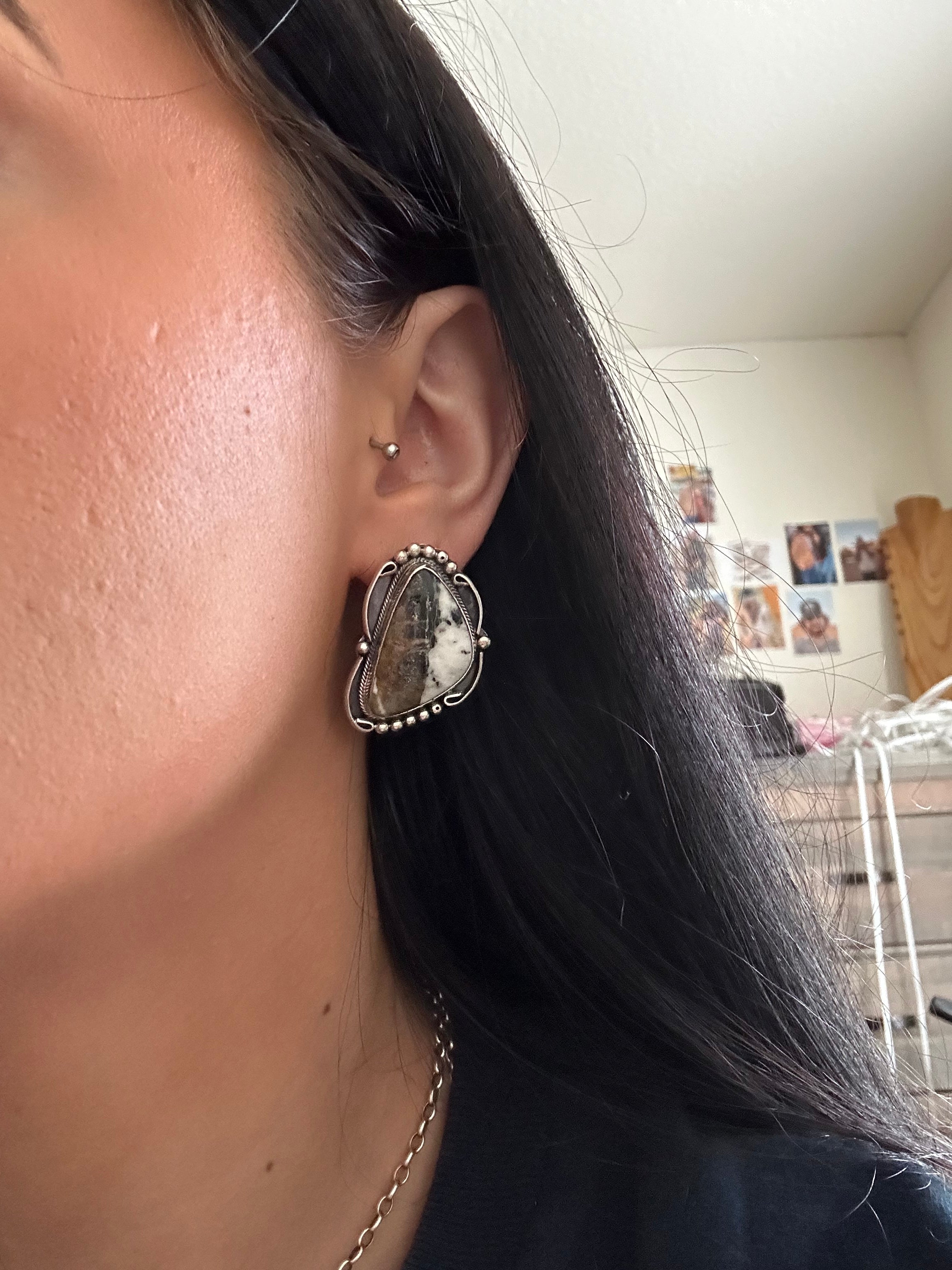 Navajo Made White Buffalo & Sterling Silver Post Dangle Earrings