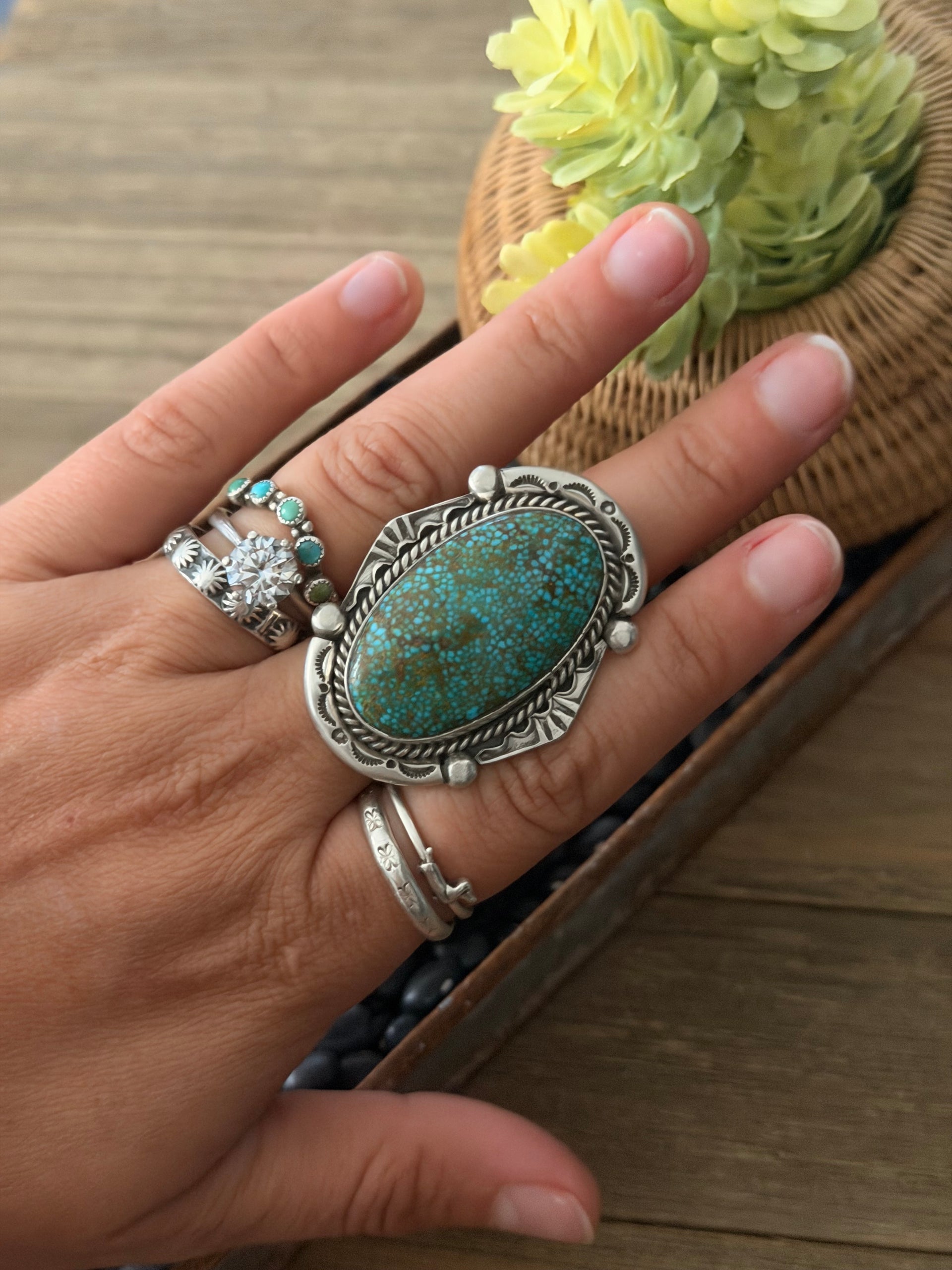 Fred Francis Highgrade Kingman Turquoise & Sterling Silver Adjustable Ring