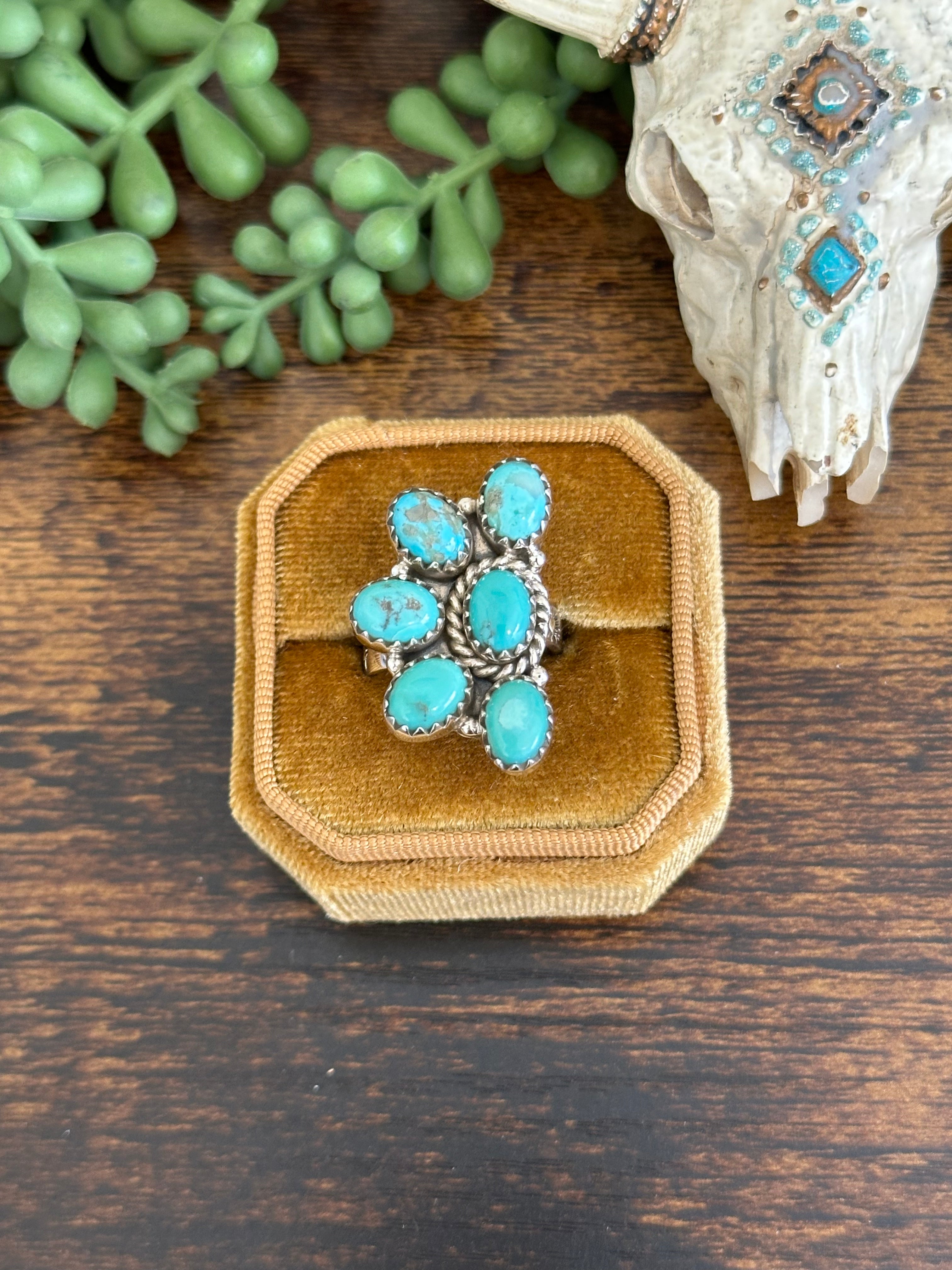 Southwest Handmade Kingman Turquoise & Sterling Silver Adjustable Cluster Ring