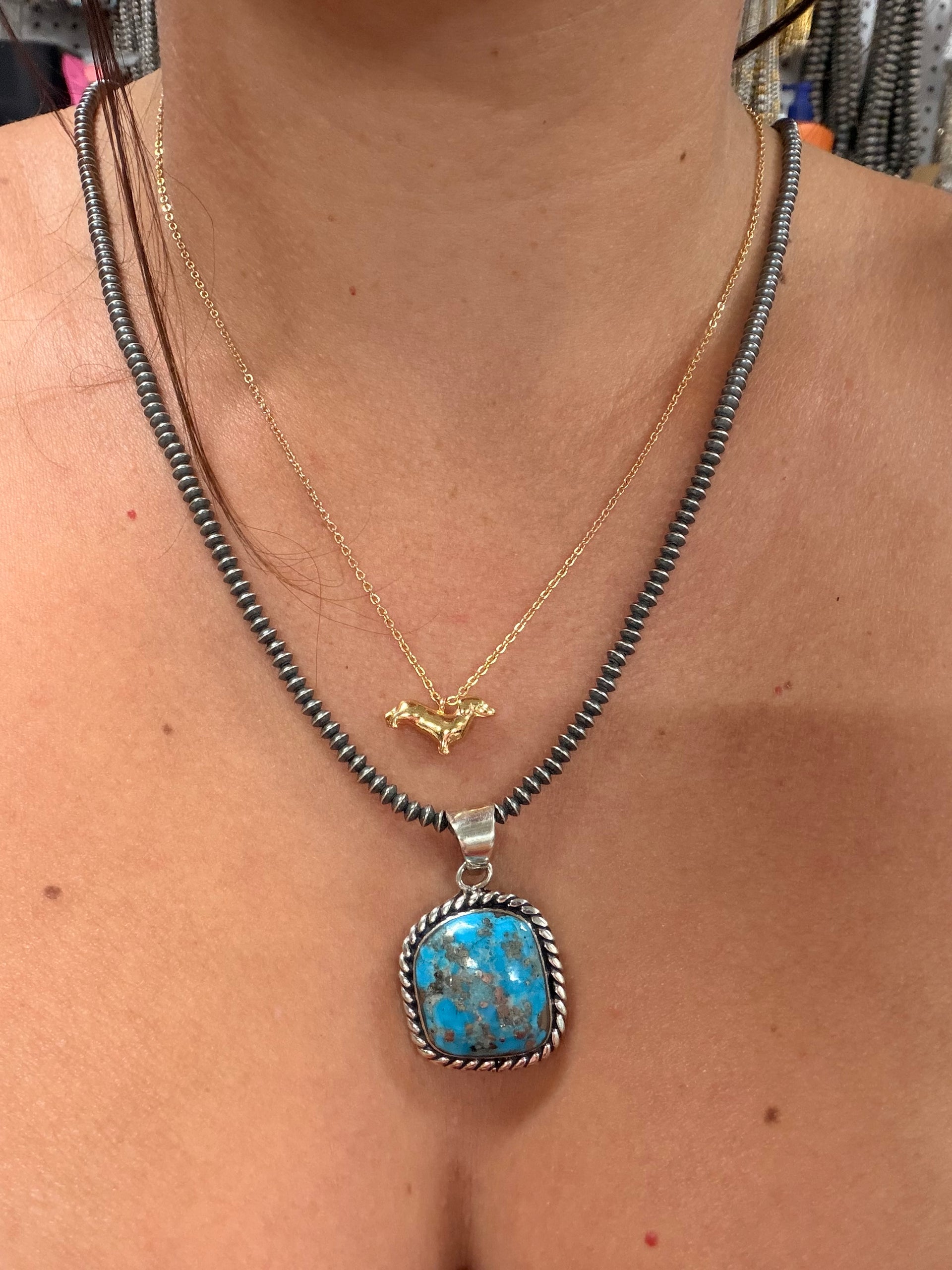 Navajo Made Morenci Turquoise & Sterling Silver Pendant
