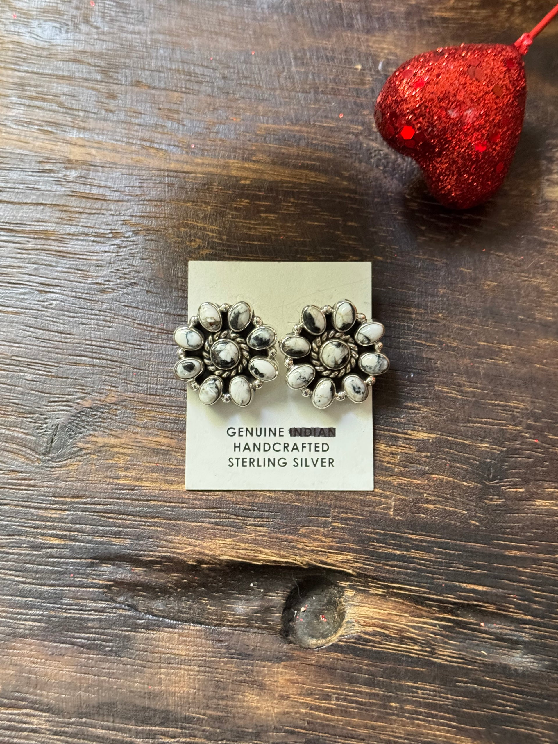 Southwest Handmade White Buffalo & Sterling Silver Post Cluster Earrings