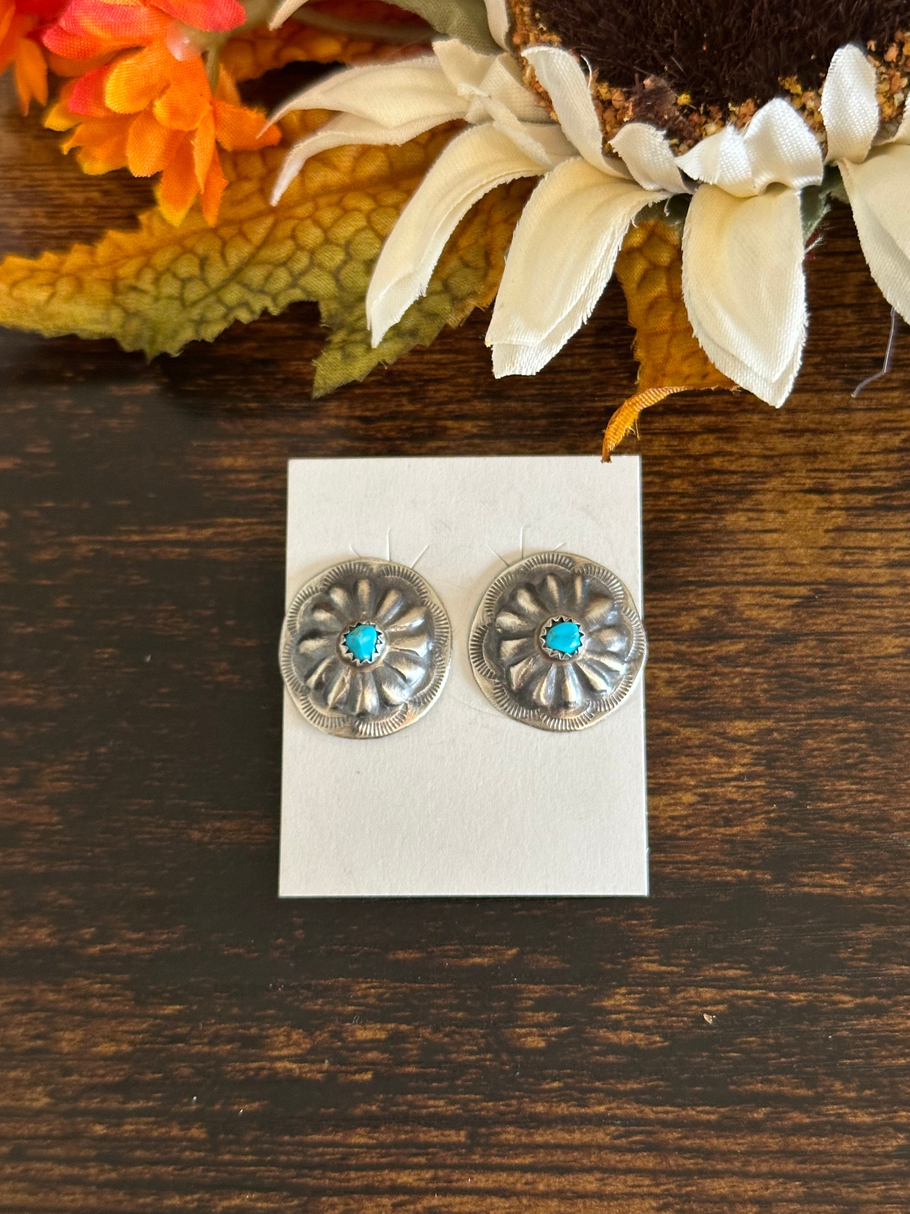 Theresa Smith Kingman Turquoise & Sterling Silver Post Concho Earrings