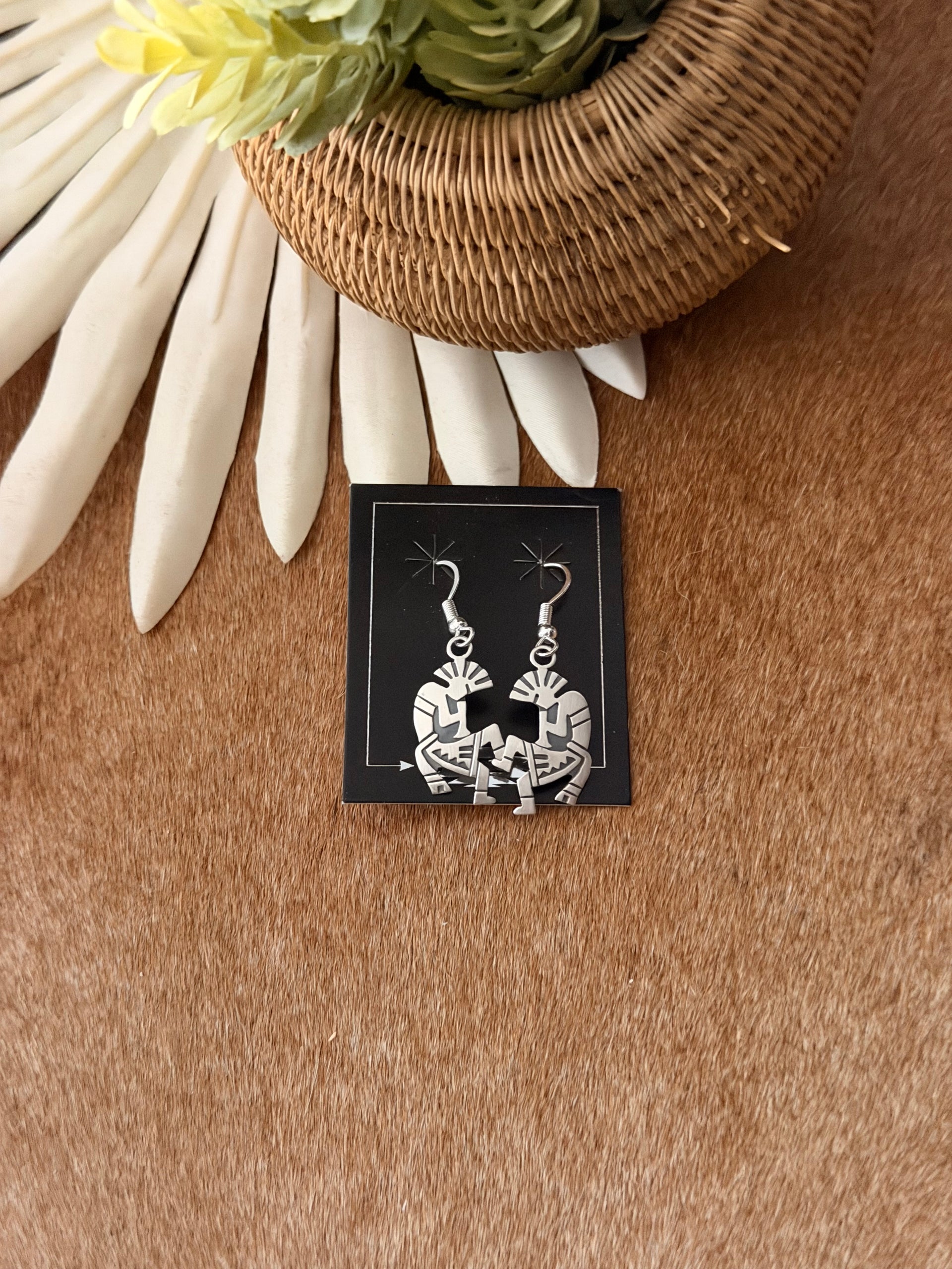 Navajo Made Sterling Silver Kokopelli Dangle Earrings