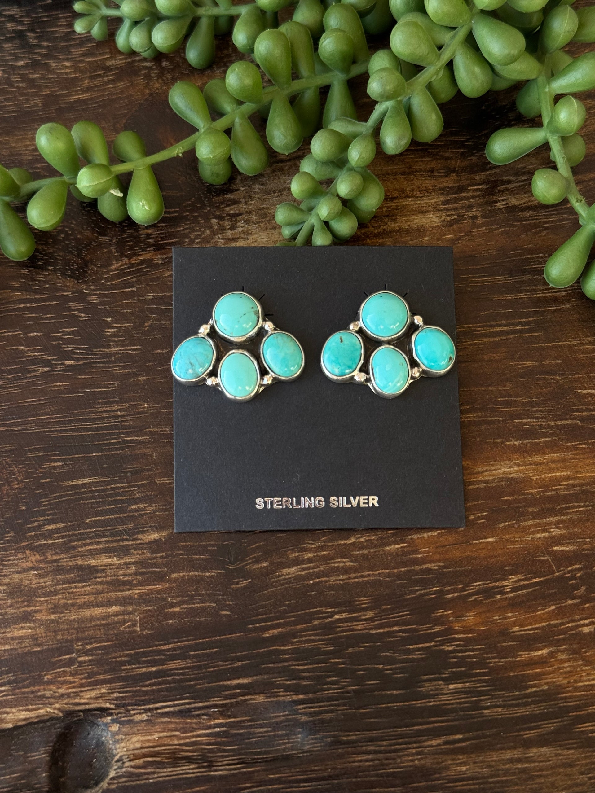 Navajo Made Kingman Turquoise & Sterling Silver Post Cluster Earrings