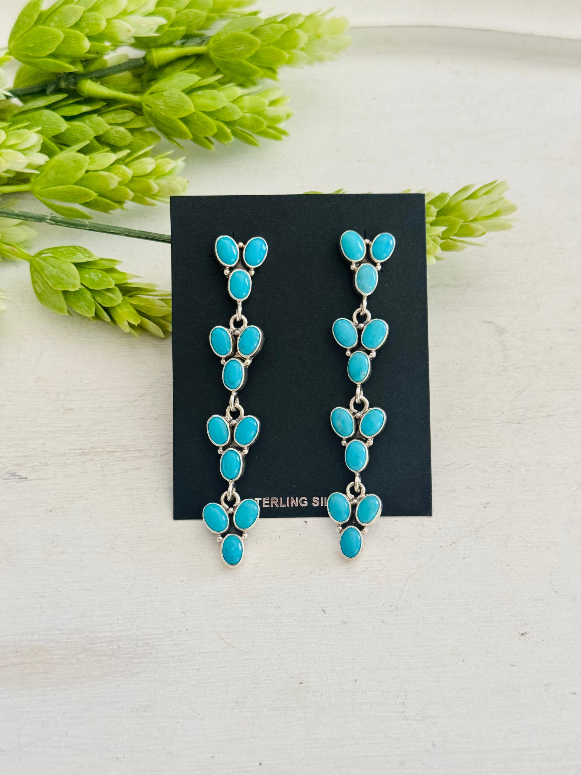 Southwest Made Kingman Turquoise & Sterling Silver Post Dangle Cluster Earrings