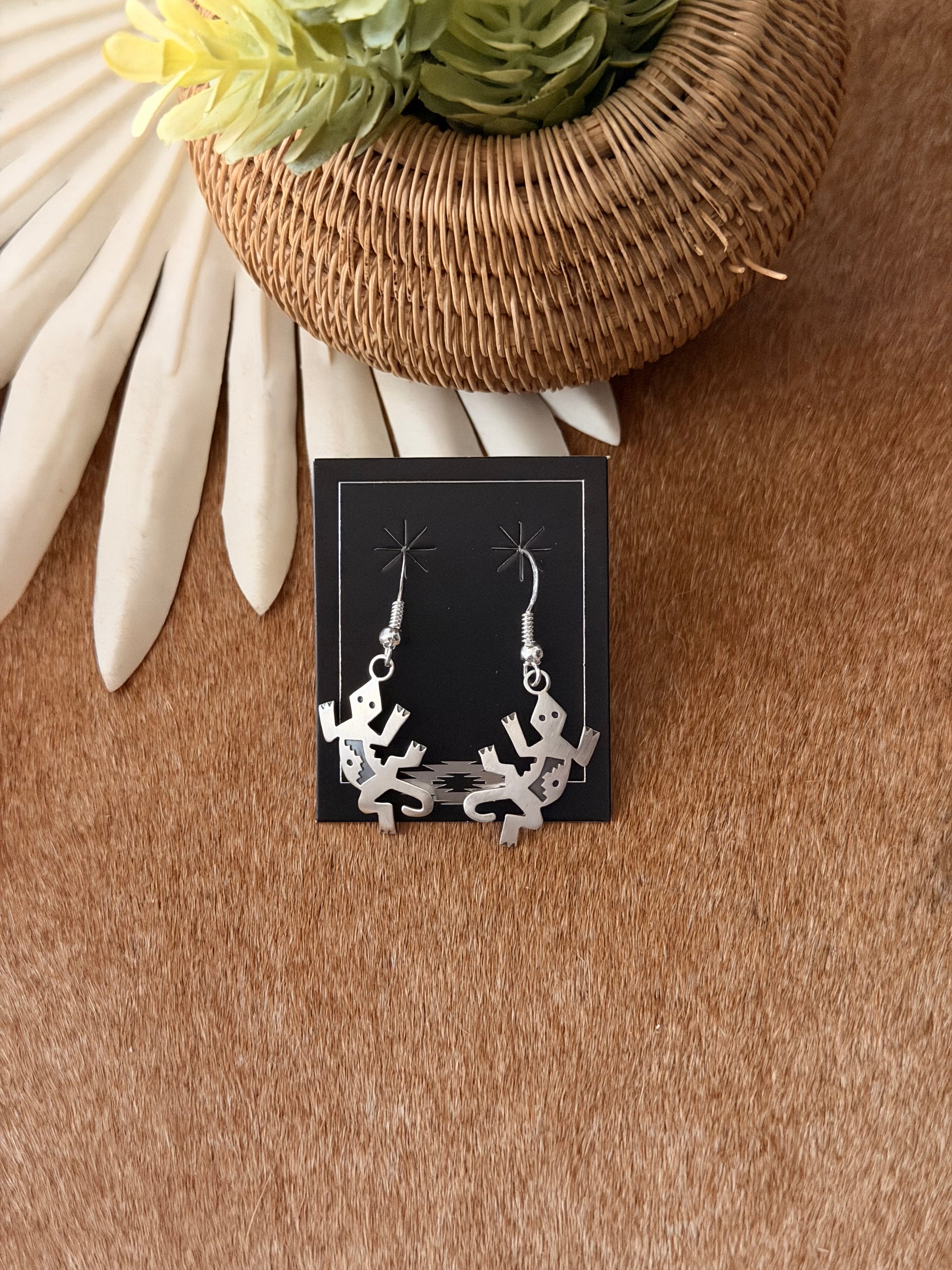 Navajo Made Sterling Silver Lizard Dangle Earrings