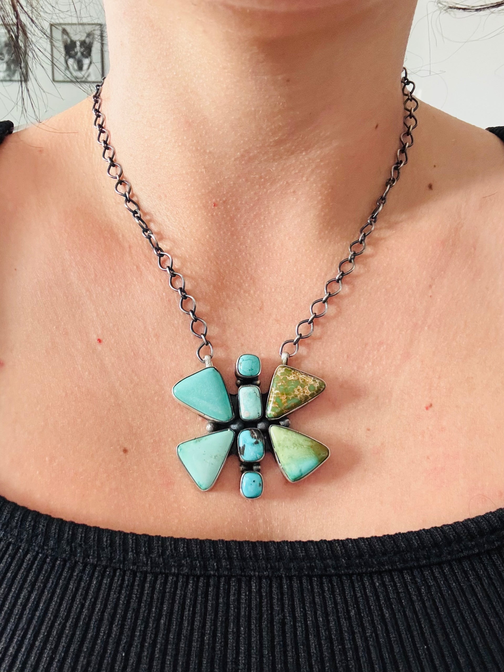 Eli Skeets Royston Turquoise & Sterling Silver Dragonfly Cluster Necklace