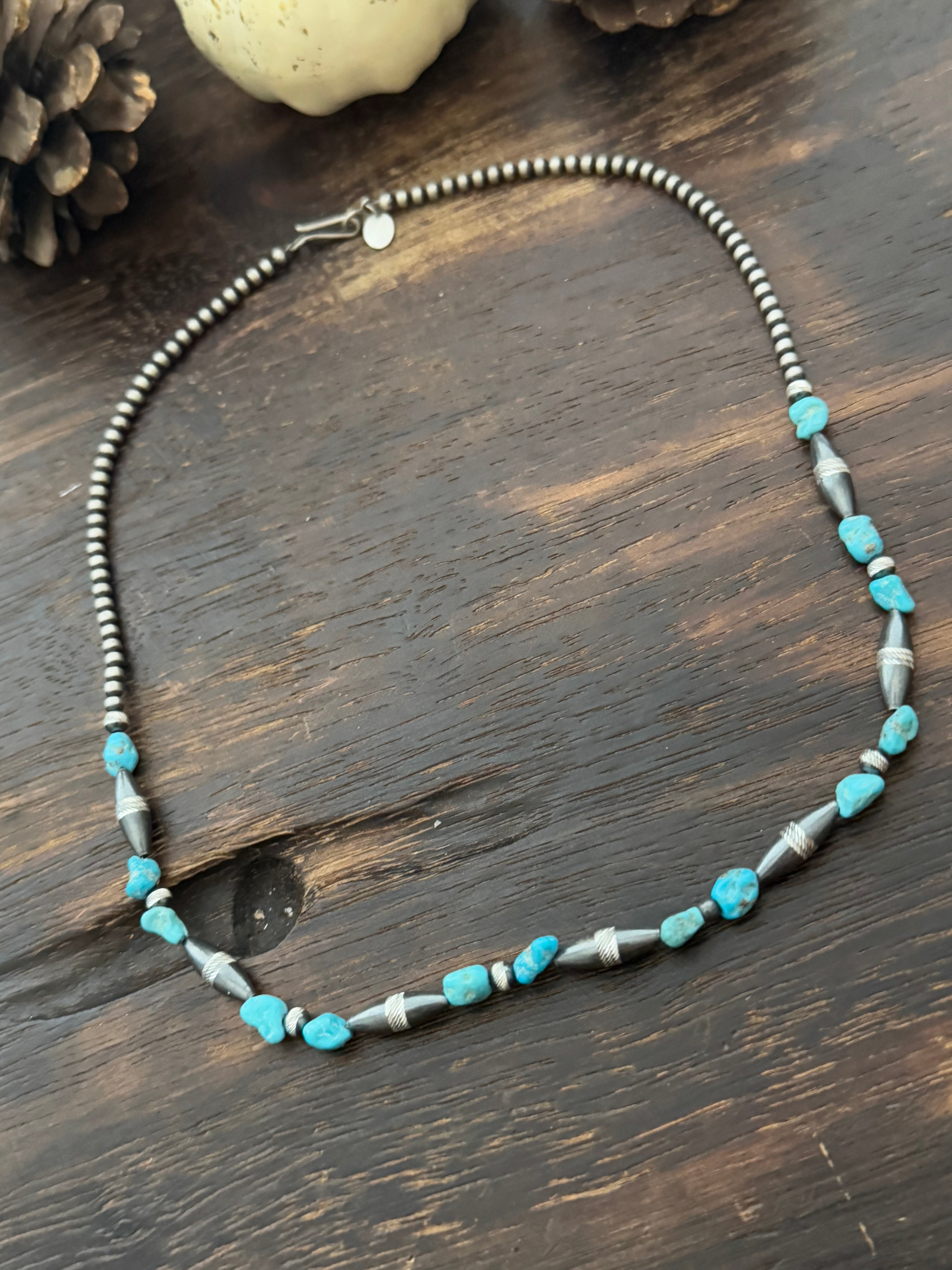 Navajo Strung Kingman Turquoise & Sterling Silver Beaded Necklace