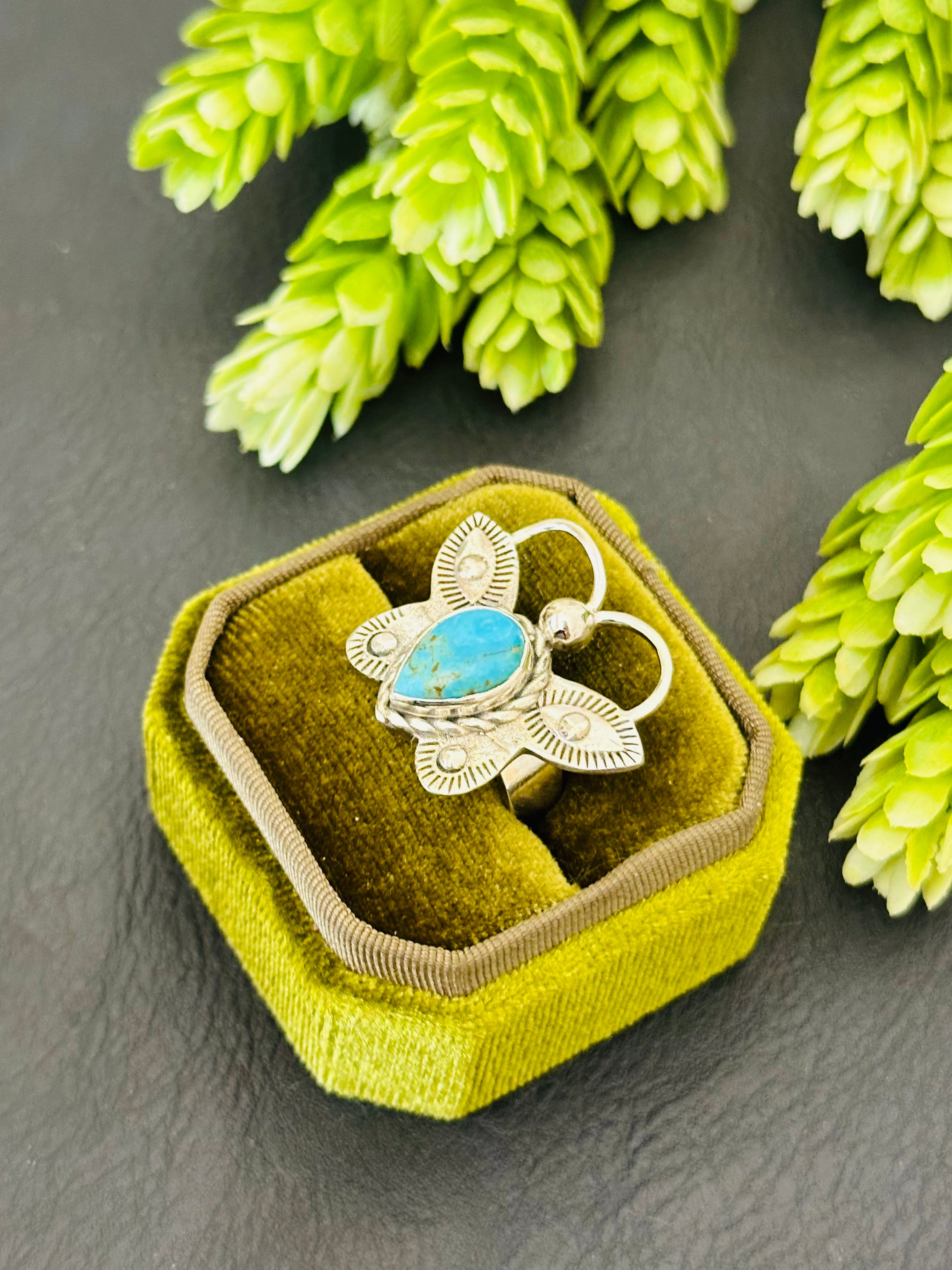 Southwest Handmade Kingman Turquoise & Sterling Silver Adjustable Butterfly Ring