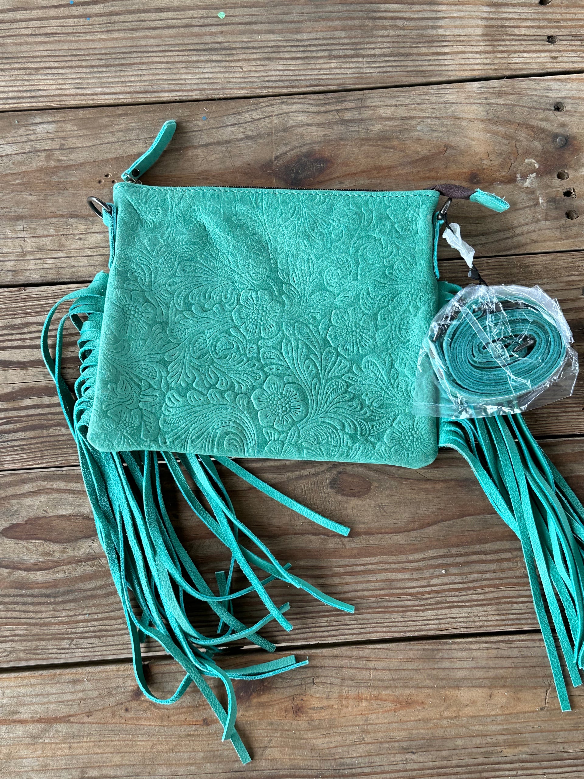 Genuine Leather Tooled Cross Body Fringe Purse
