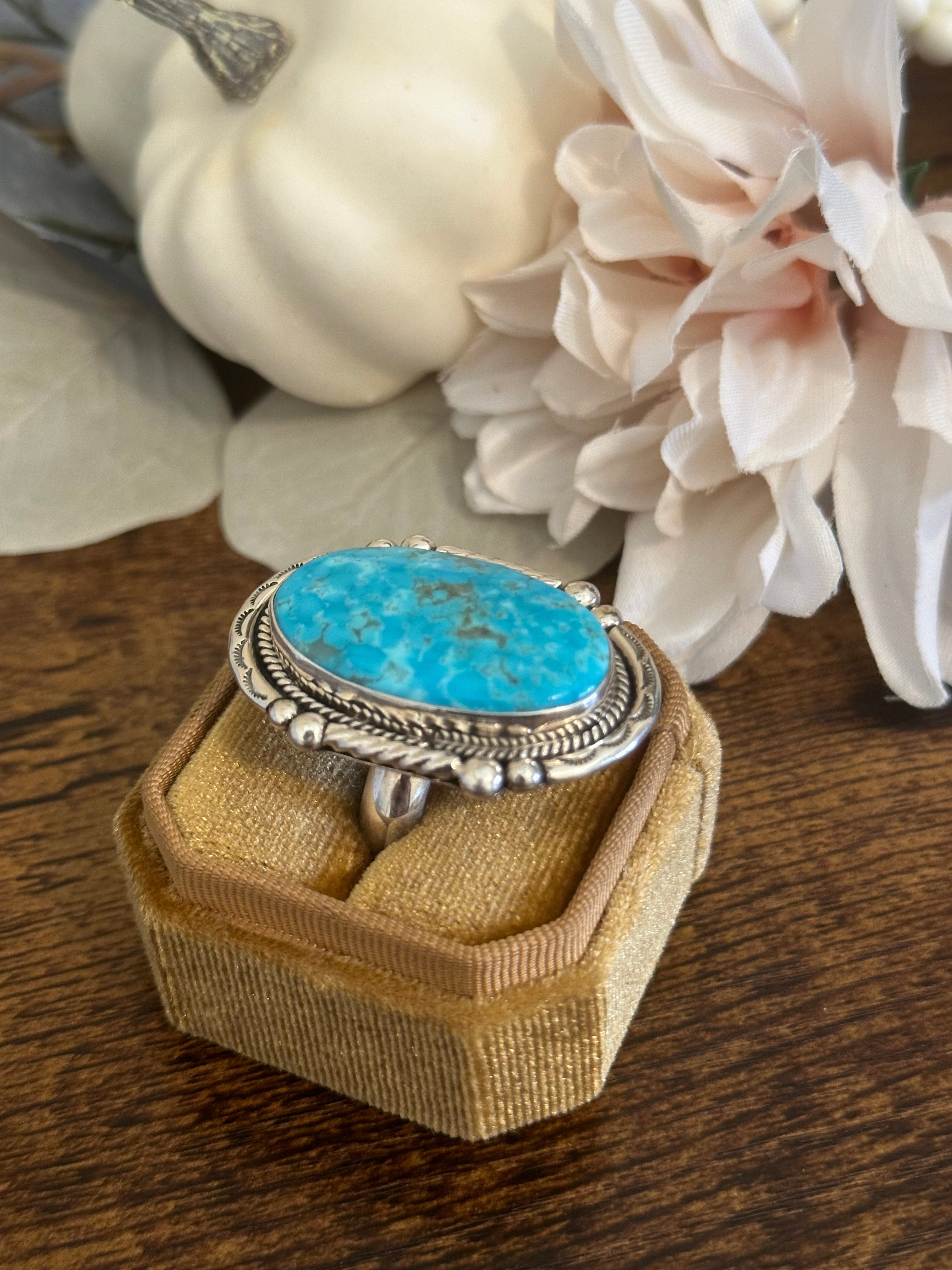 Navajo Made Kingman Turquoise & Sterling Silver Ring Size 9.5