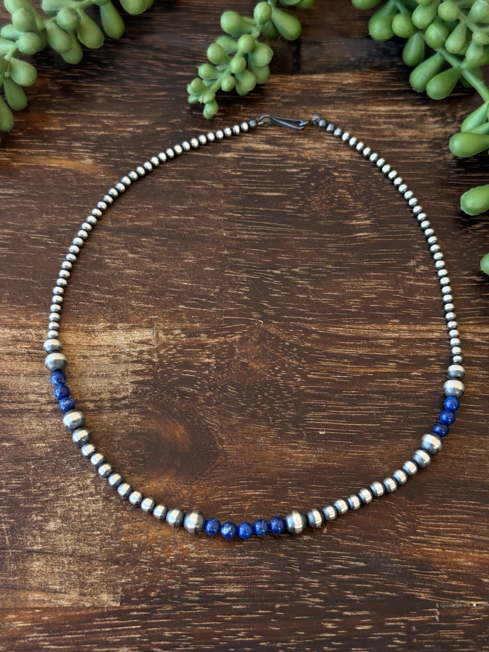 Navajo Strung Lapis & Sterling Silver Graduated Pearl Necklace
