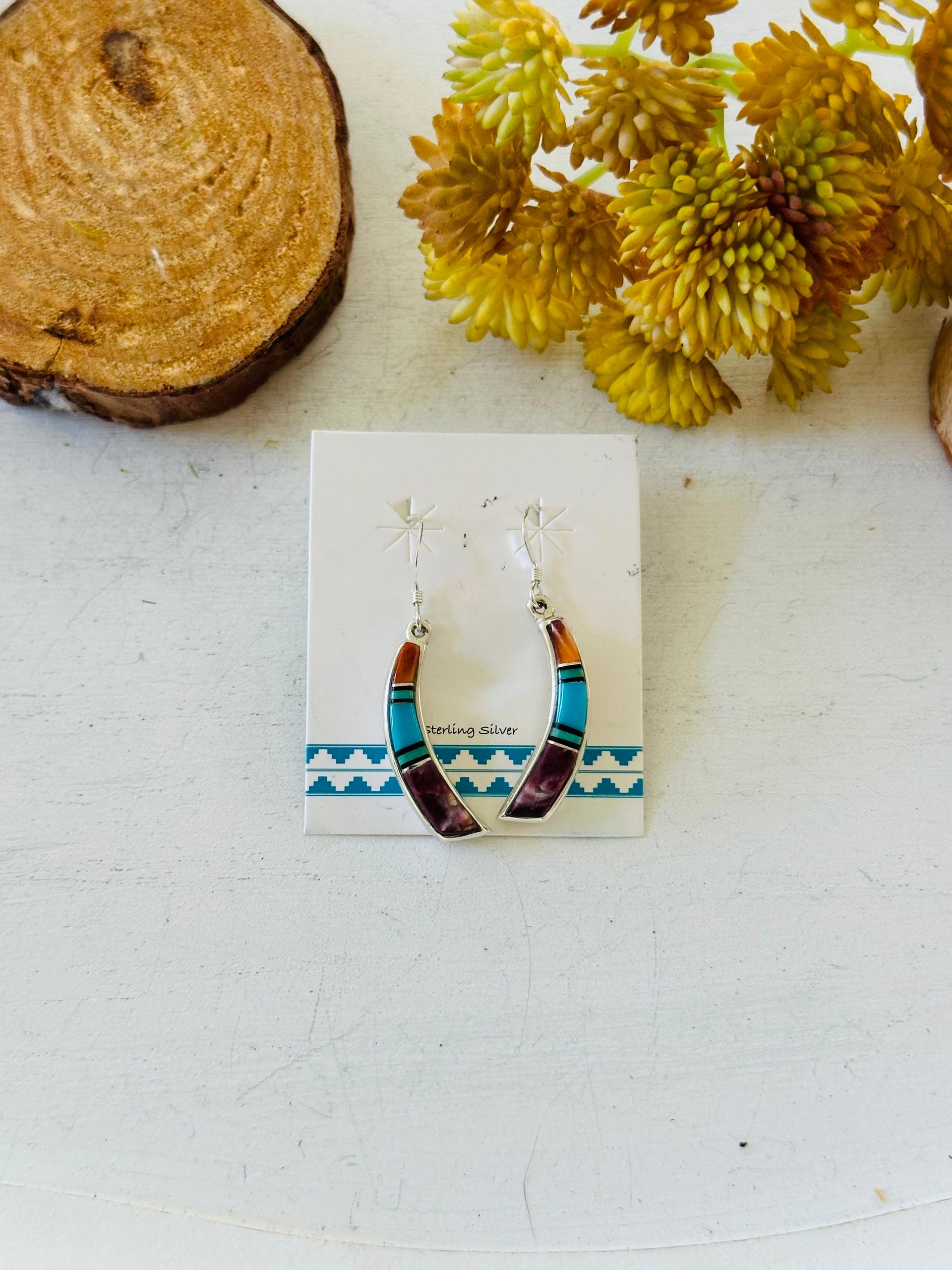 Navajo Made Multi Stone & Sterling Silver Inlay Dangle Earrings