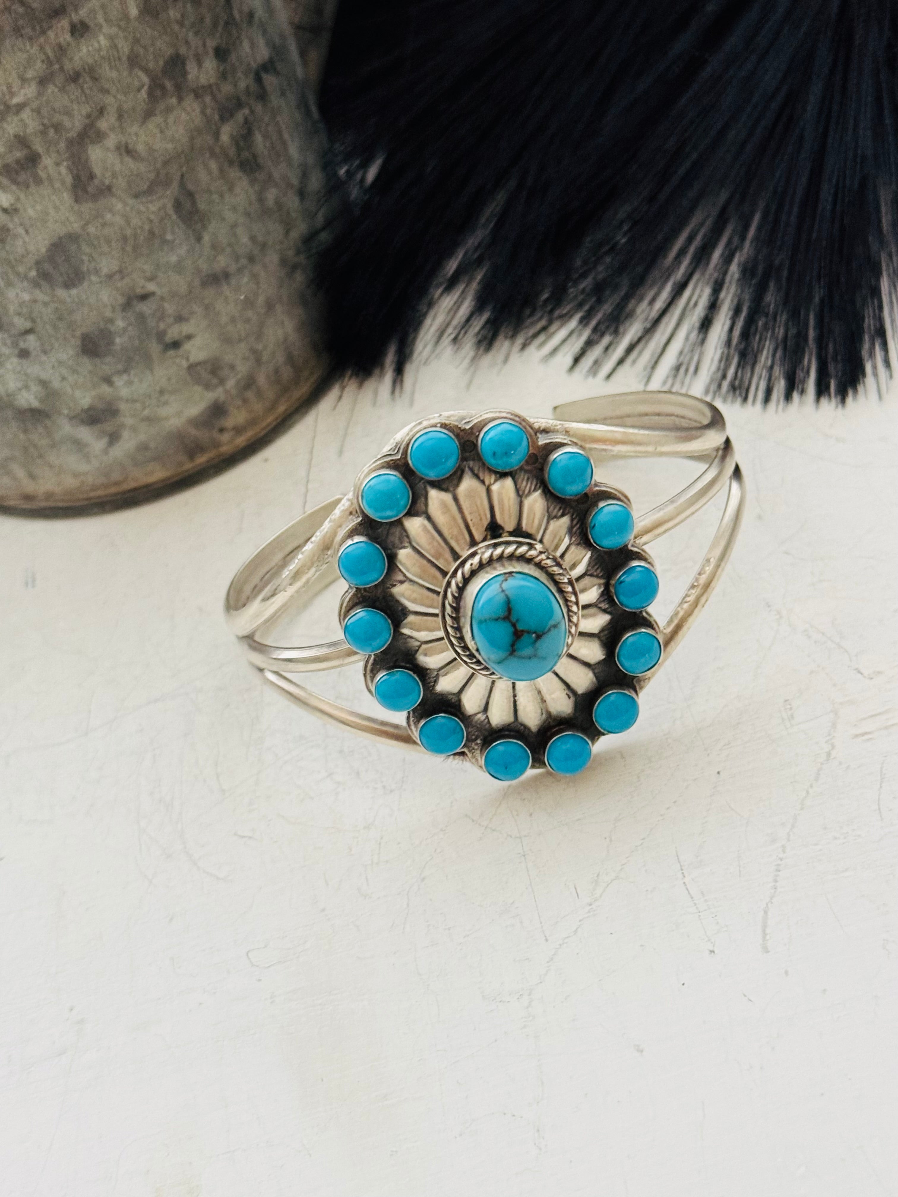 Steven Nez Multi Turquoise & Sterling Silver Concho Cuff Bracelet