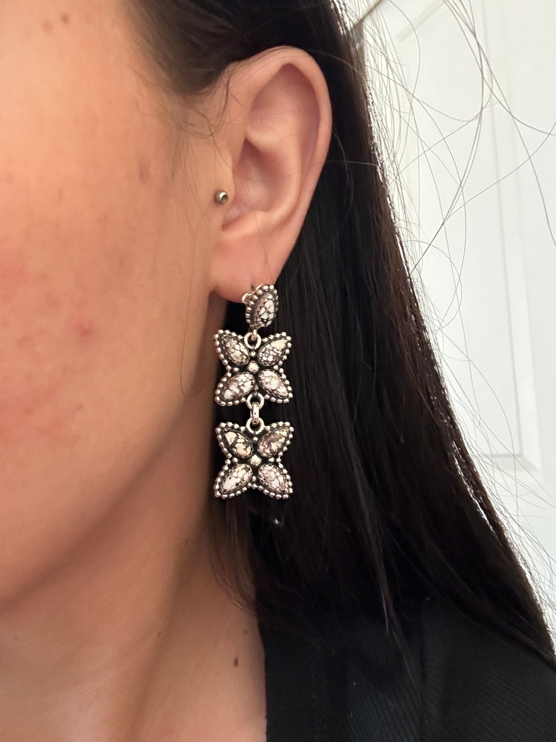 Southwest Handmade Wild Horse & Sterling Silver Post Dangle Cluster Earrings