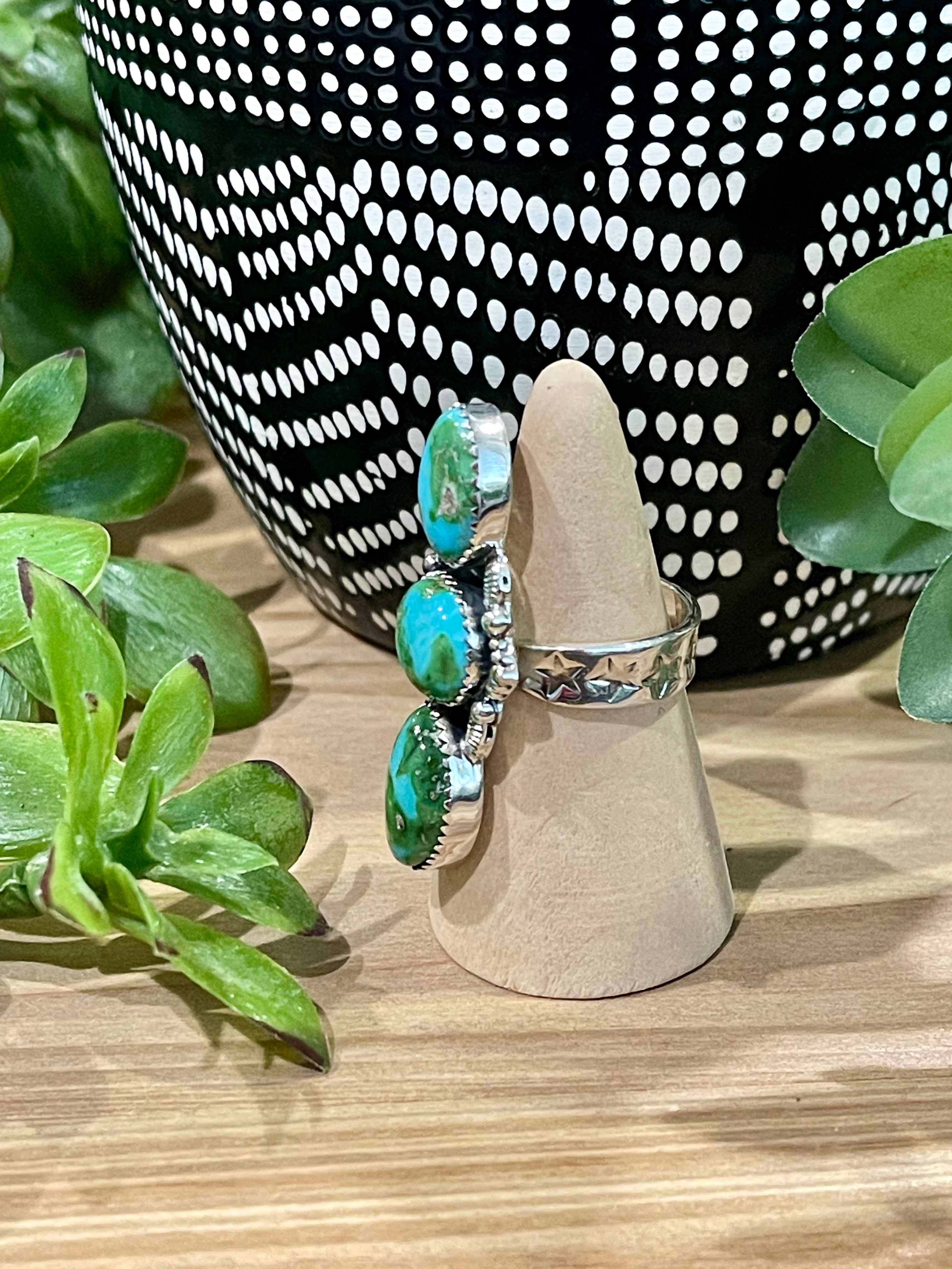 Southwest Handmade Sonoran Mountain Turquoise & Sterling Silver 3 Stone Adjustable Ring