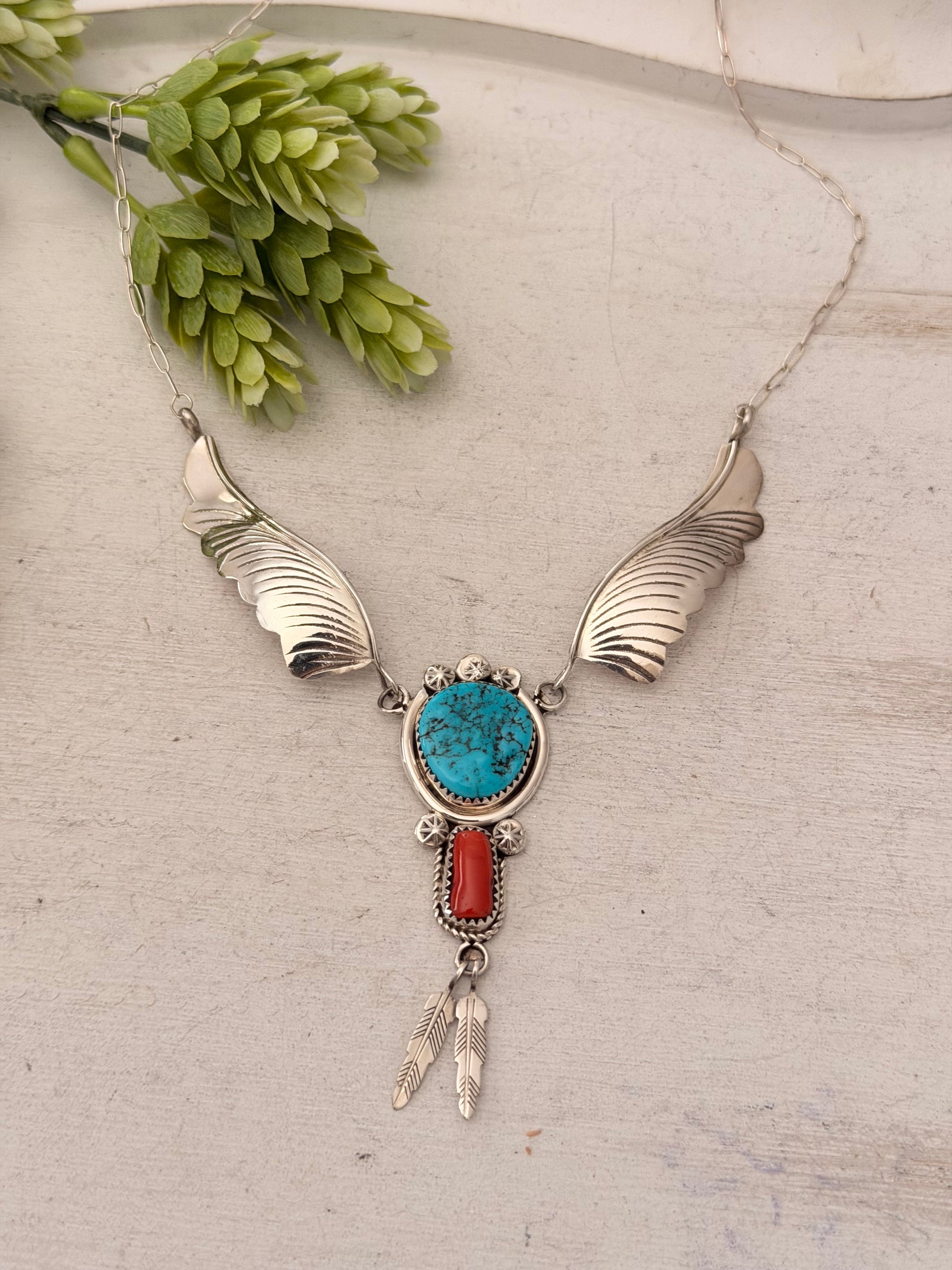 Navajo Made Multi Stone & Sterling Silver Feather Necklace