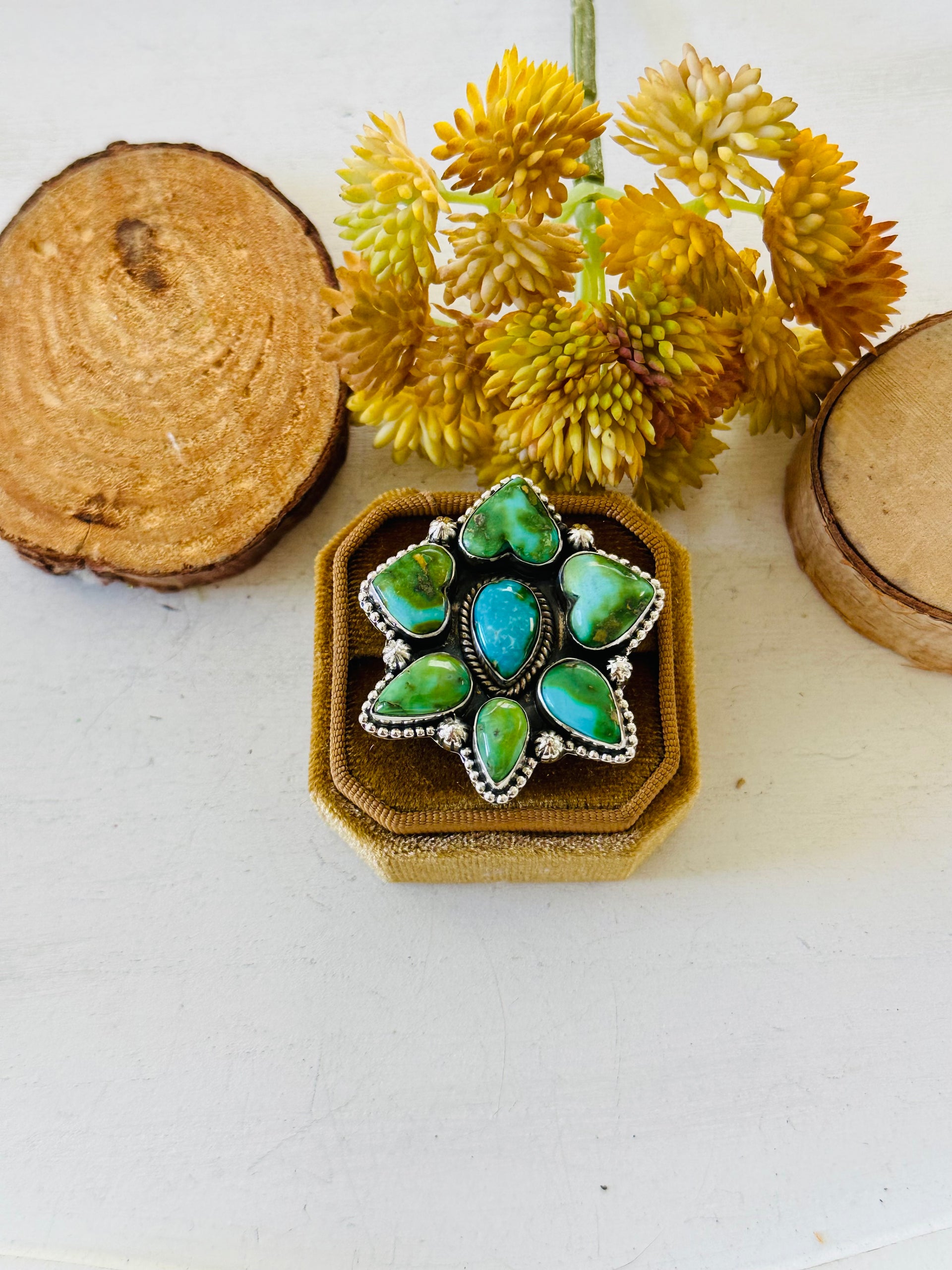 Southwest Handmade Sonoran Mountain Turquoise & Sterling Silver Adjustable Cluster Ring