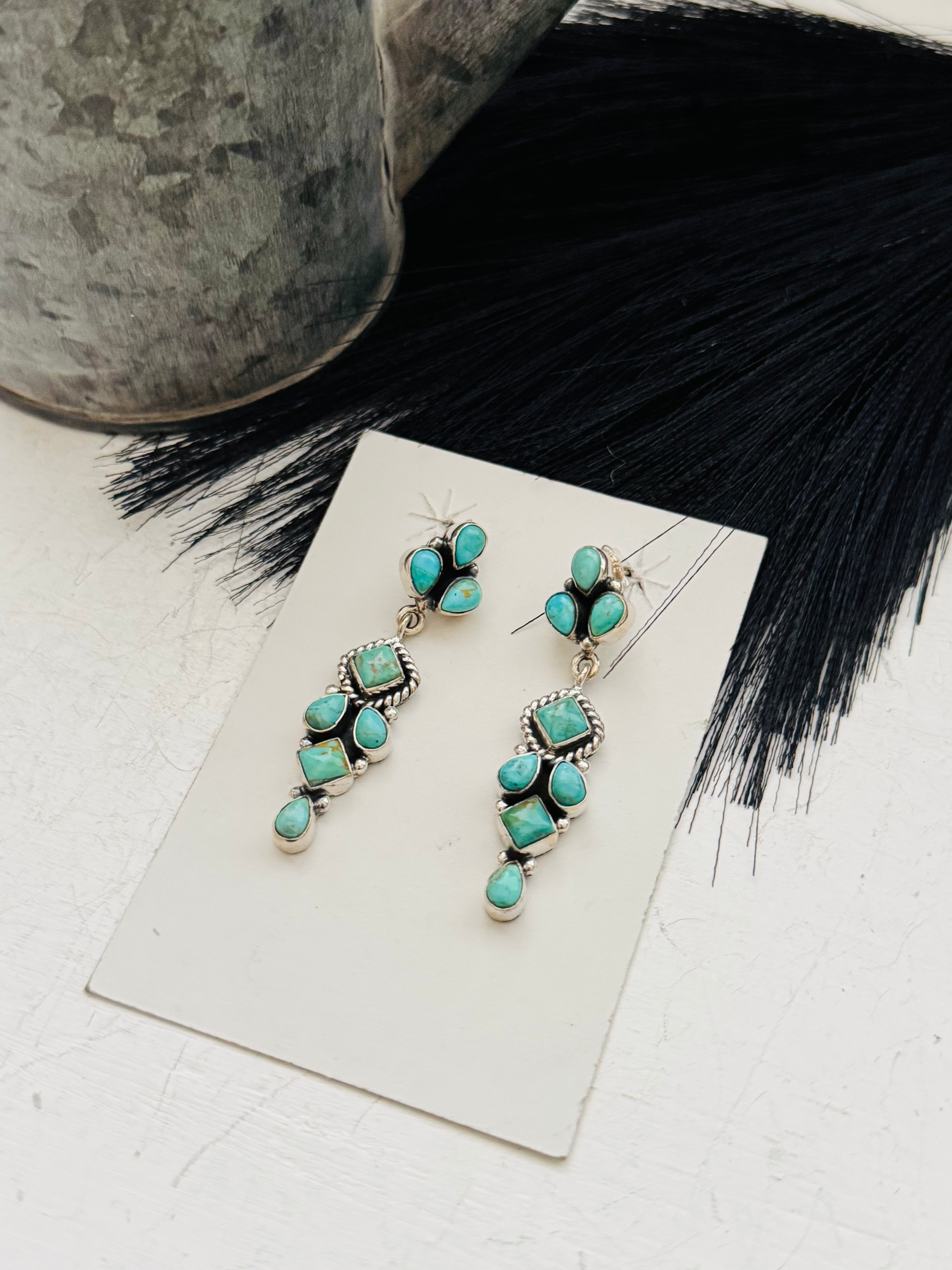 Southwest Handmade Kingman Turquoise & Sterling Silver Post Dangle Earrings