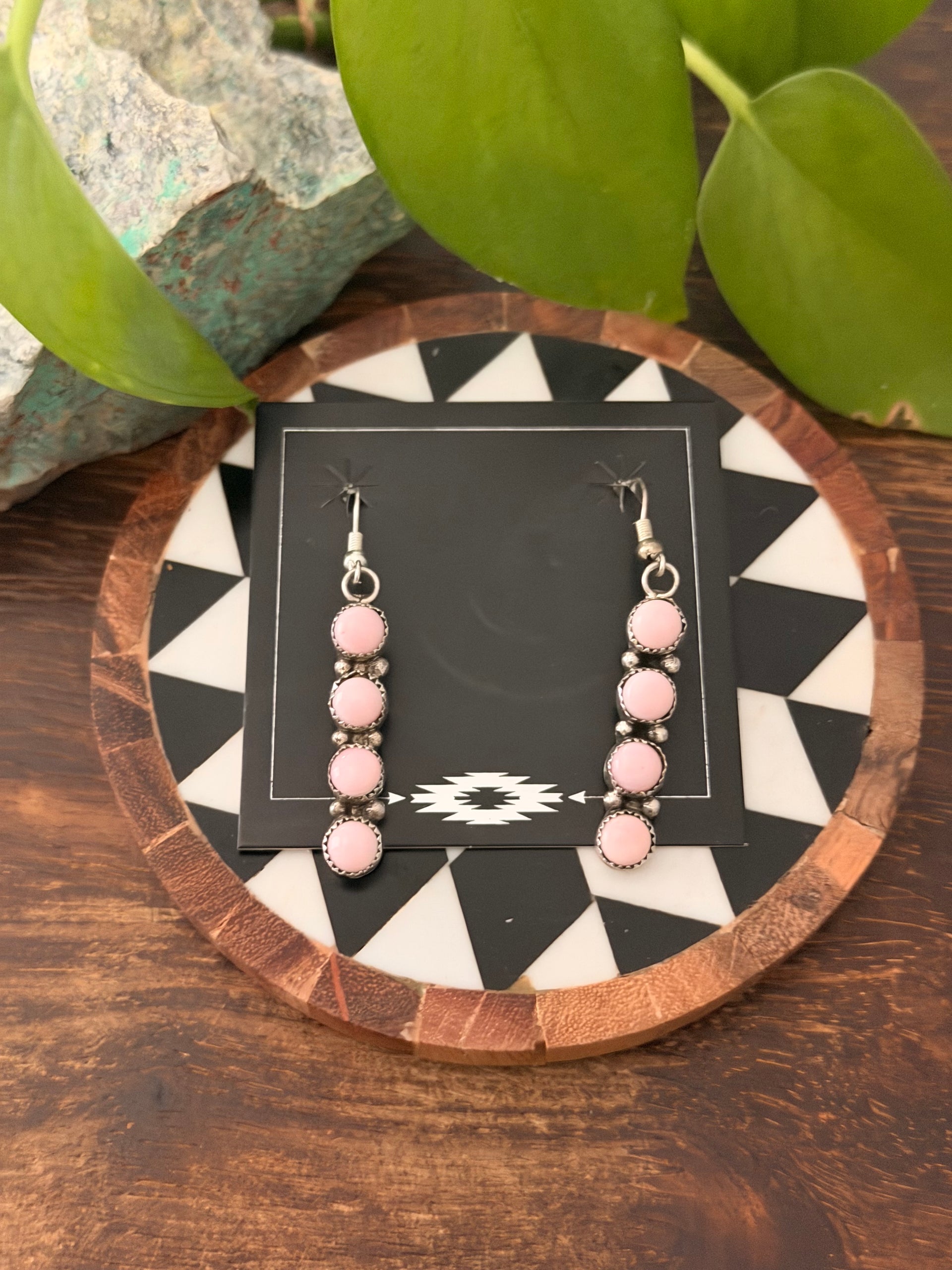 Navajo Made Pink Conch & Sterling Silver Cluster Dangle Earrings