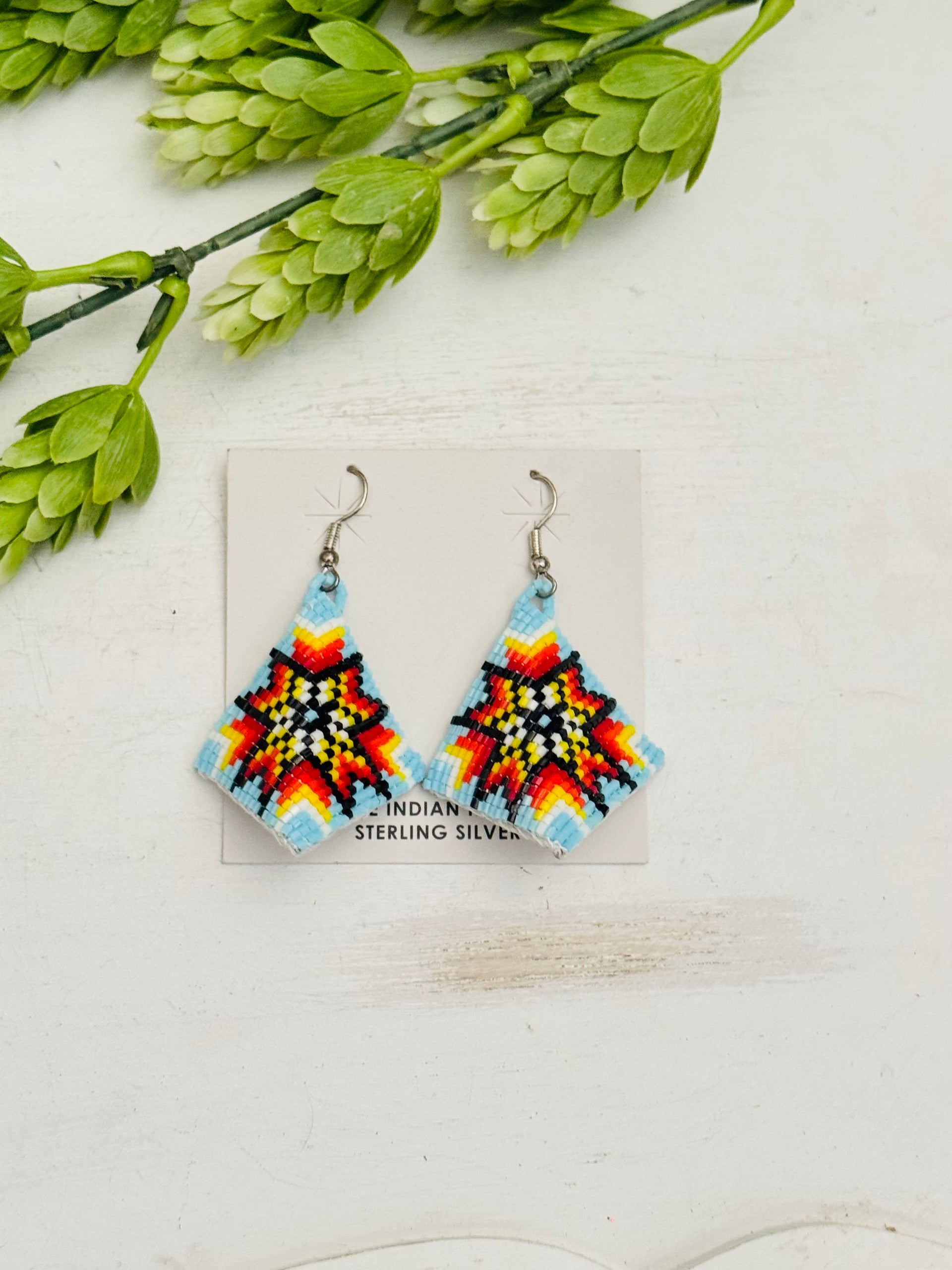 Navajo Made Leather Beaded & Sterling Silver Dangle Earrings