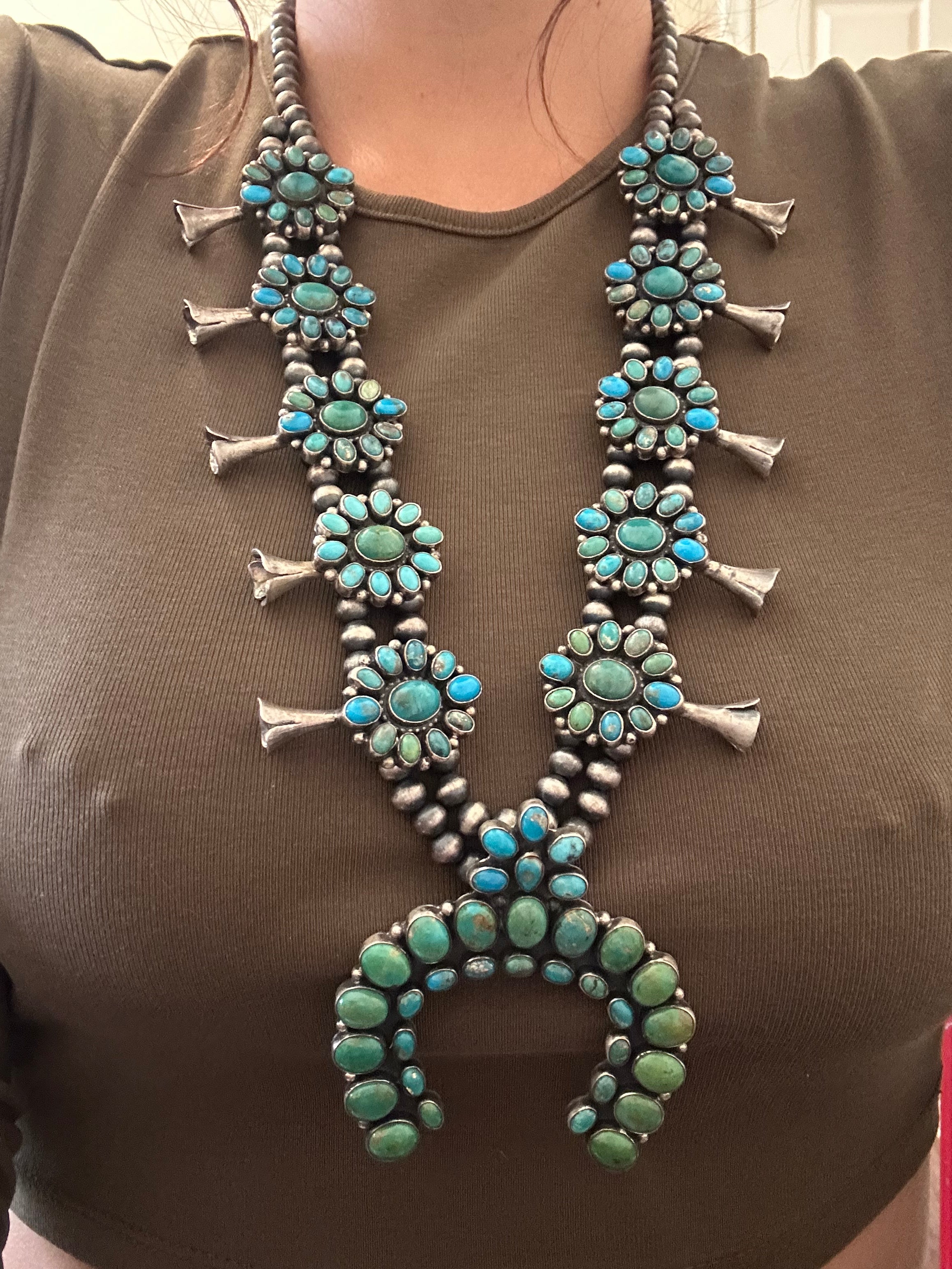 Navajo Made Royston Turquoise & Sterling Silver Squash Blossom Necklace Set