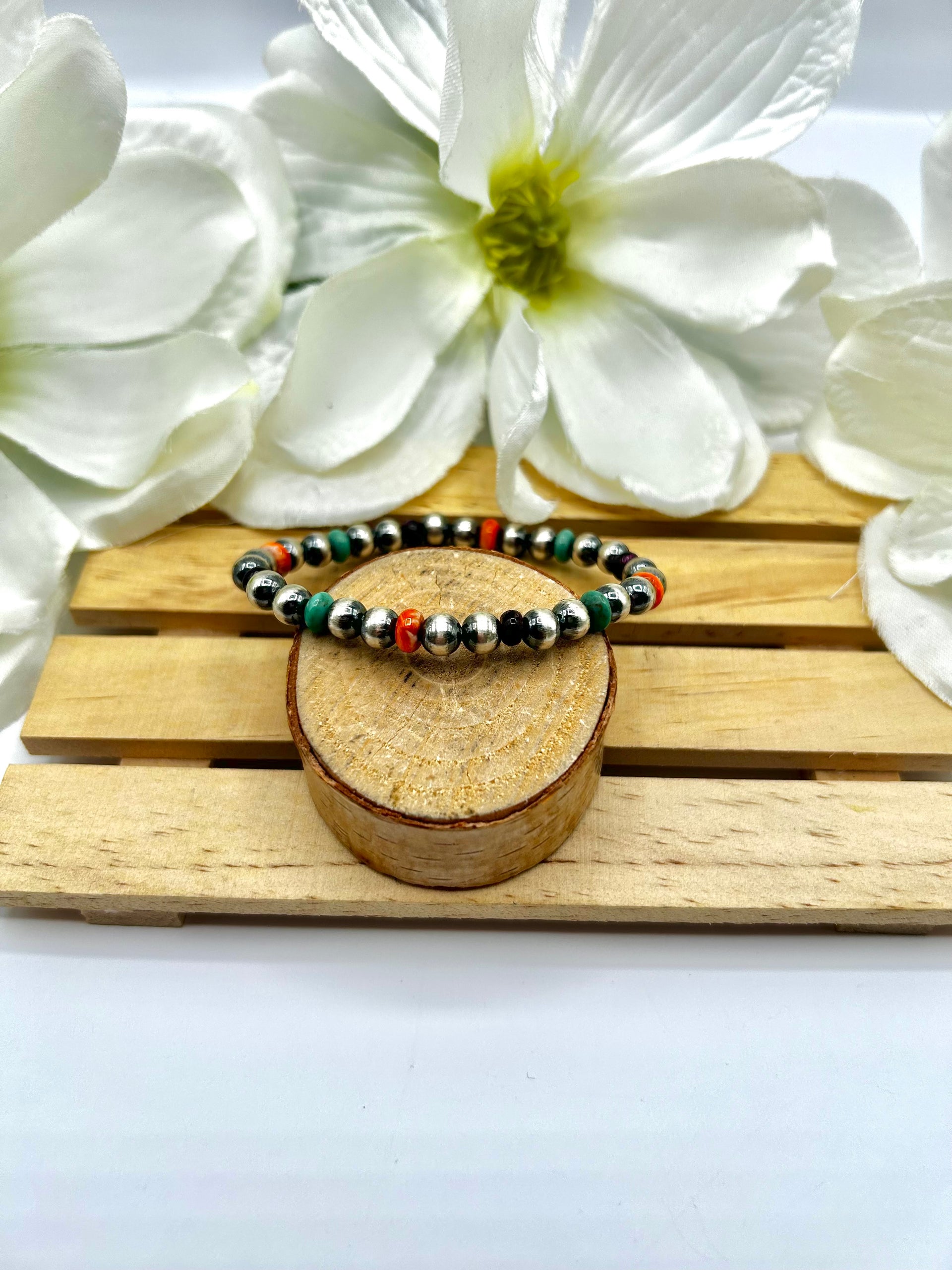 Navajo Made Multi Stone & Sterling Sliver  Strung Stretchy Bracelet