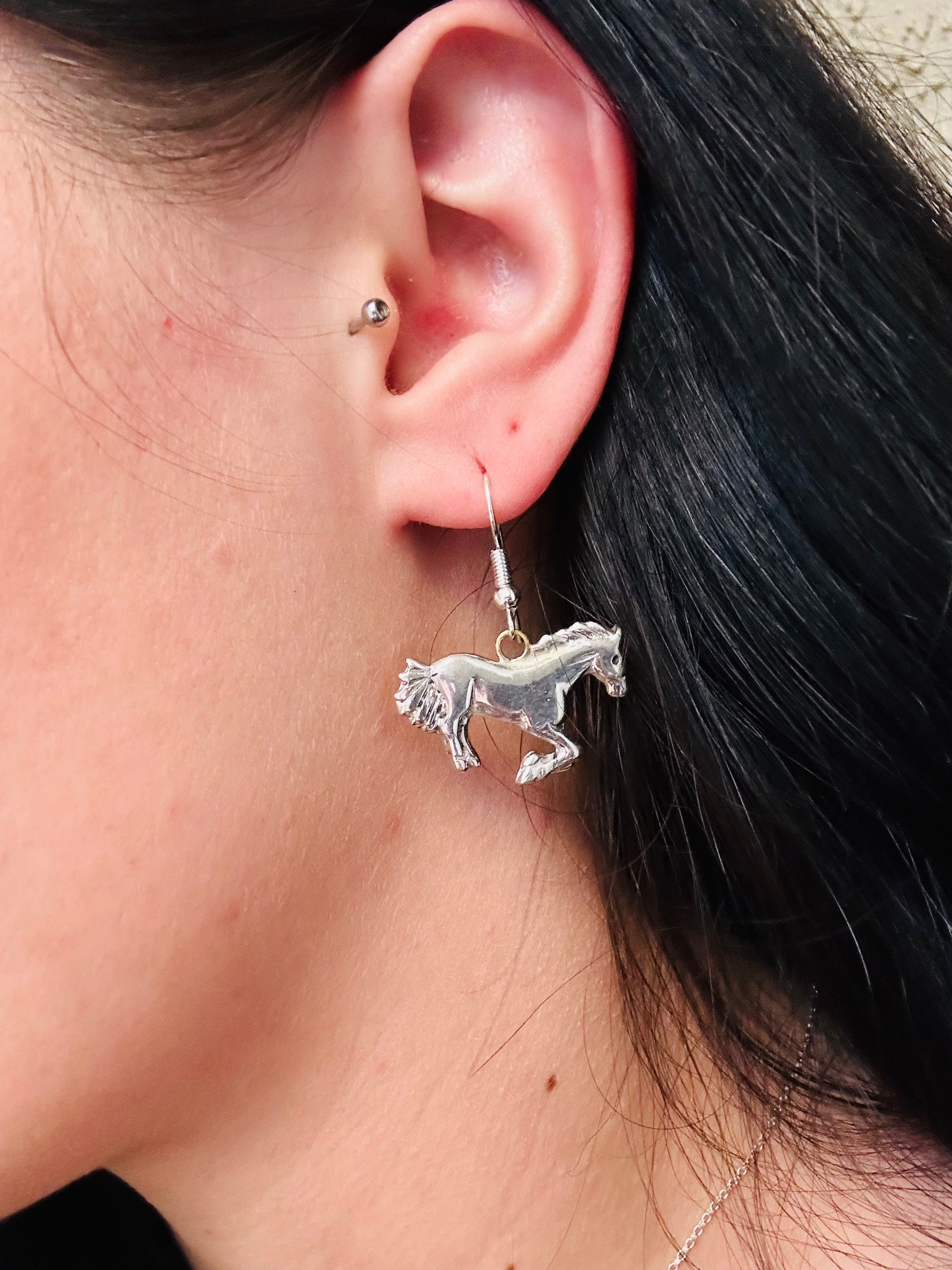 Navajo Made Sterling Silver Dangle Horse Earrings