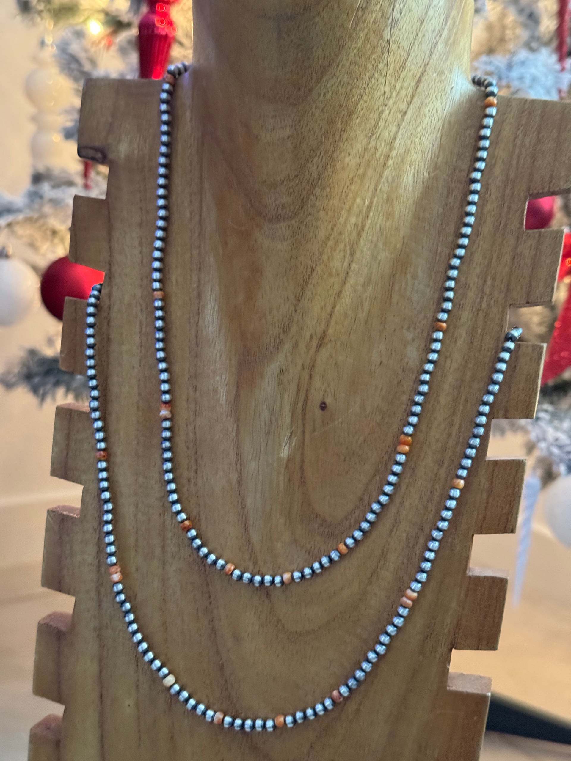 Navajo Strung Red/Orange Spiny Oyster & Sterling Silver Pearl Necklace