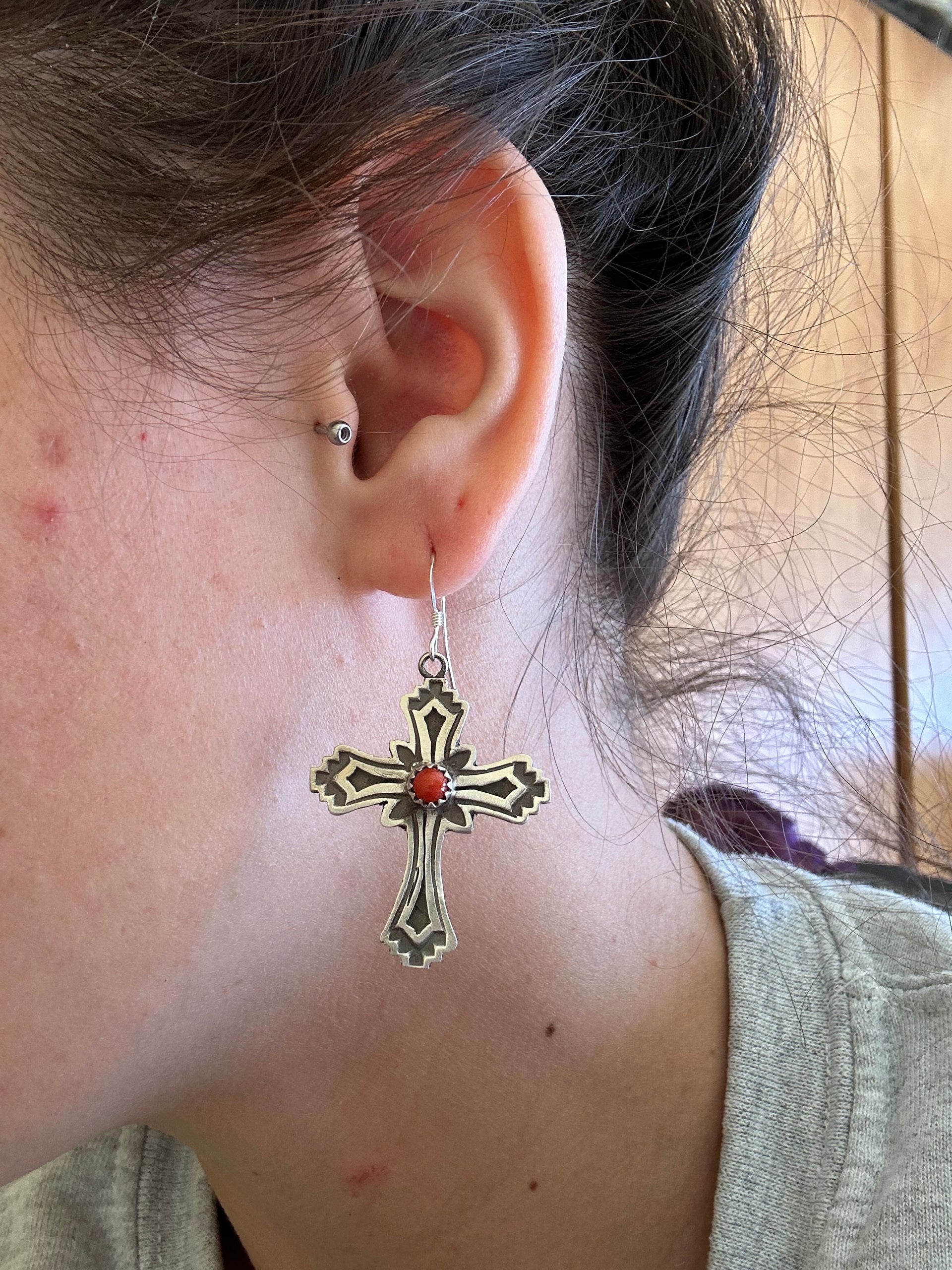 Louise Joe Red Coral & Sterling Silver Dangle Cross Earrings